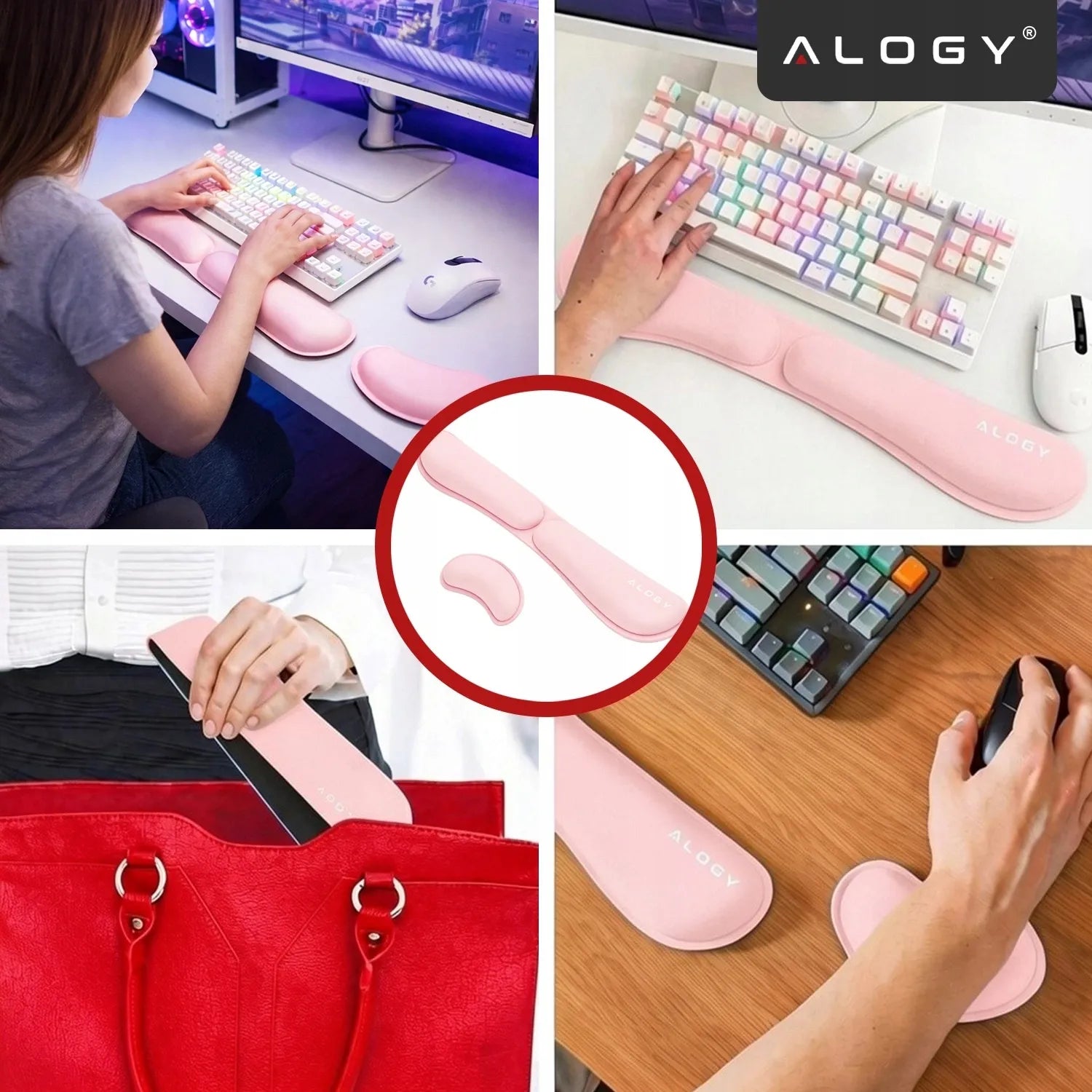 Riešo atramos klaviatūrai ir pelei, „Memory Foam“ putos, stalui, rožinė