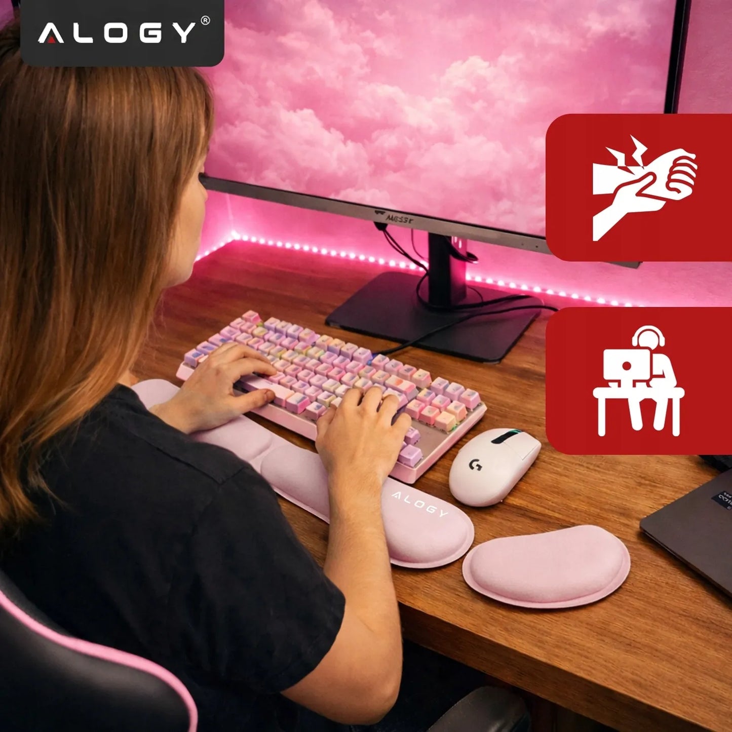 Riešo atramos klaviatūrai ir pelei, „Memory Foam“ putos, stalui, rožinė