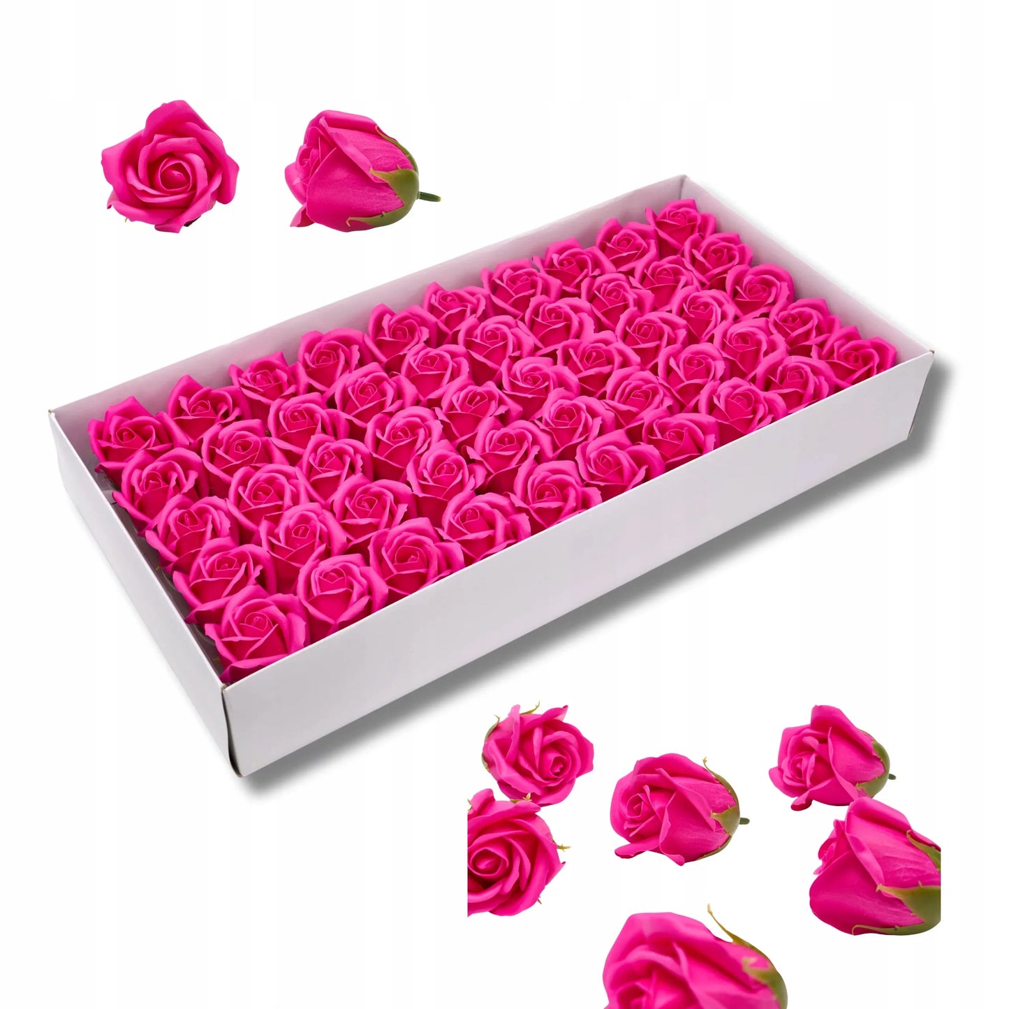 Rožinės muilo rožės 50 vnt. galvutės gėlės „flower box“ dėžutėms