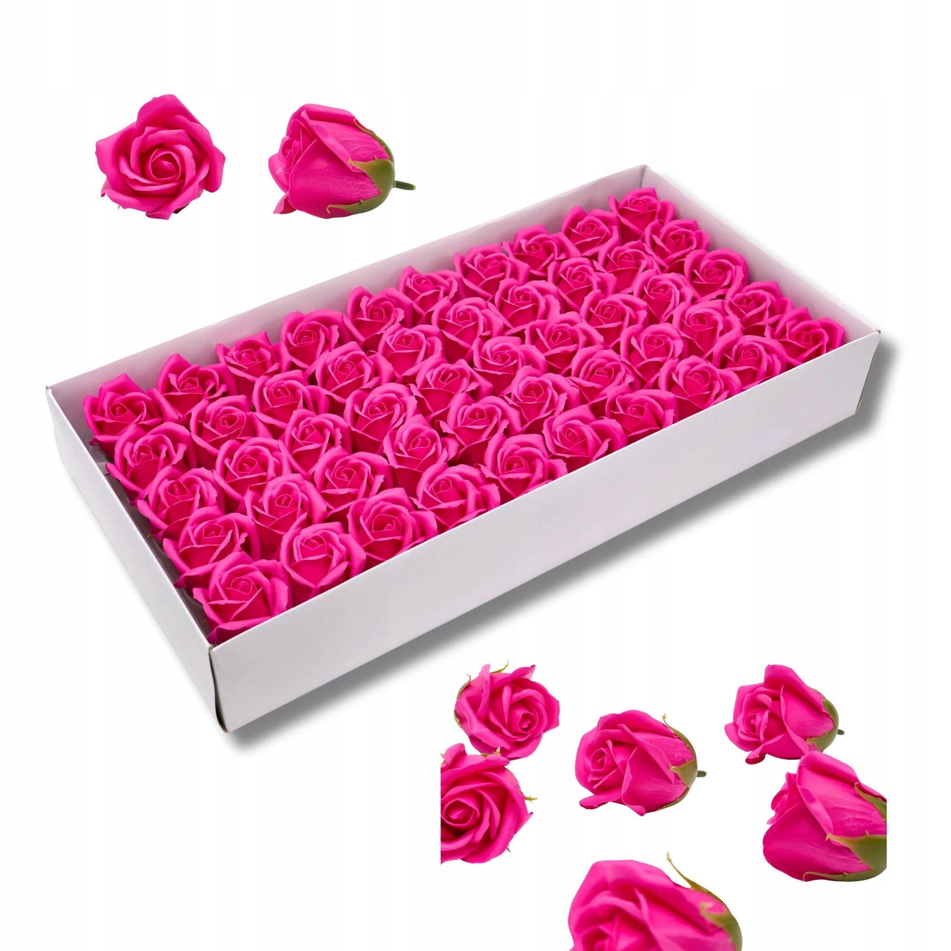 Rožinės muilo rožės 50 vnt. galvutės gėlės „flower box“ dėžutėms
