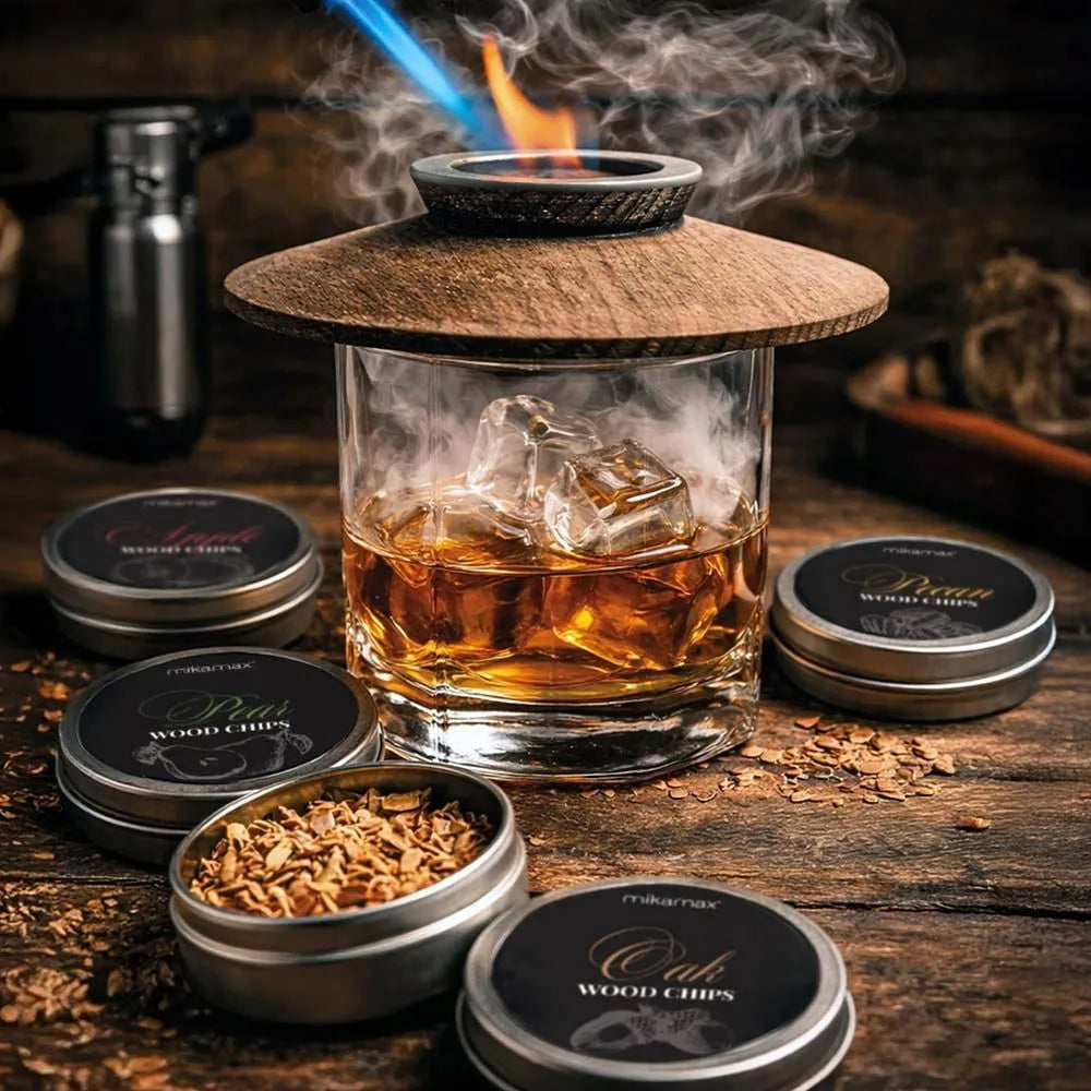 RŪKYMO RINKINYS WHISKY SMOKER + MEDIENOS DROŽLĖS - DOVANA VAIKINUI, VYrui