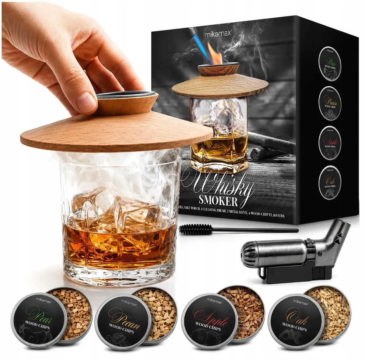 RŪKYMO RINKINYS WHISKY SMOKER + MEDIENOS DROŽLĖS - DOVANA VAIKINUI, VYrui