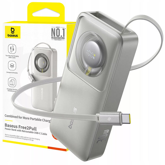 Saugus „BASEUS“ išorinis akumuliatorius 10000 mAh 30 W, USB-C su integruotu 70 cm ilgio USB-C laidu