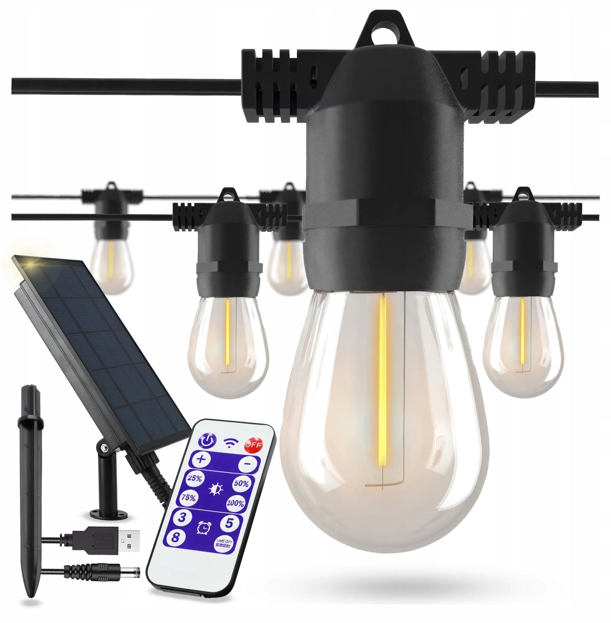 Saulės energija maitinama sodo girlianda, 20 m, 20 LED E27 lempučių + pultelis