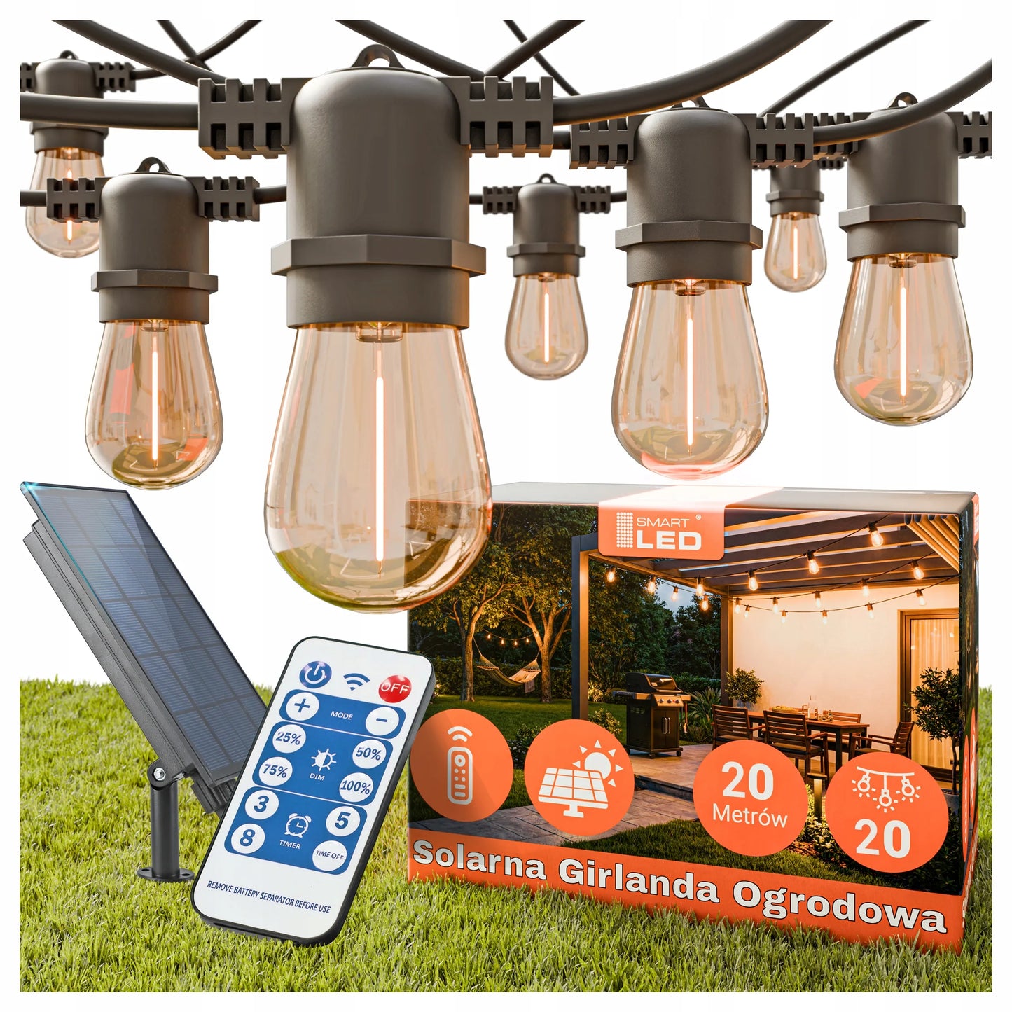 Saulės energija maitinama sodo girlianda, 20 m, 20 LED E27 lempučių + pultelis