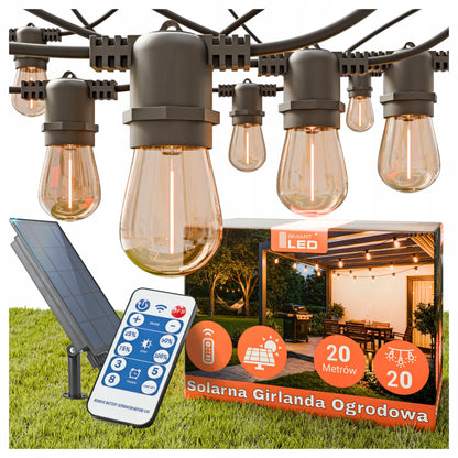 Saulės energija maitinama sodo girlianda, 20 m, 20 LED E27 lempučių + pultelis