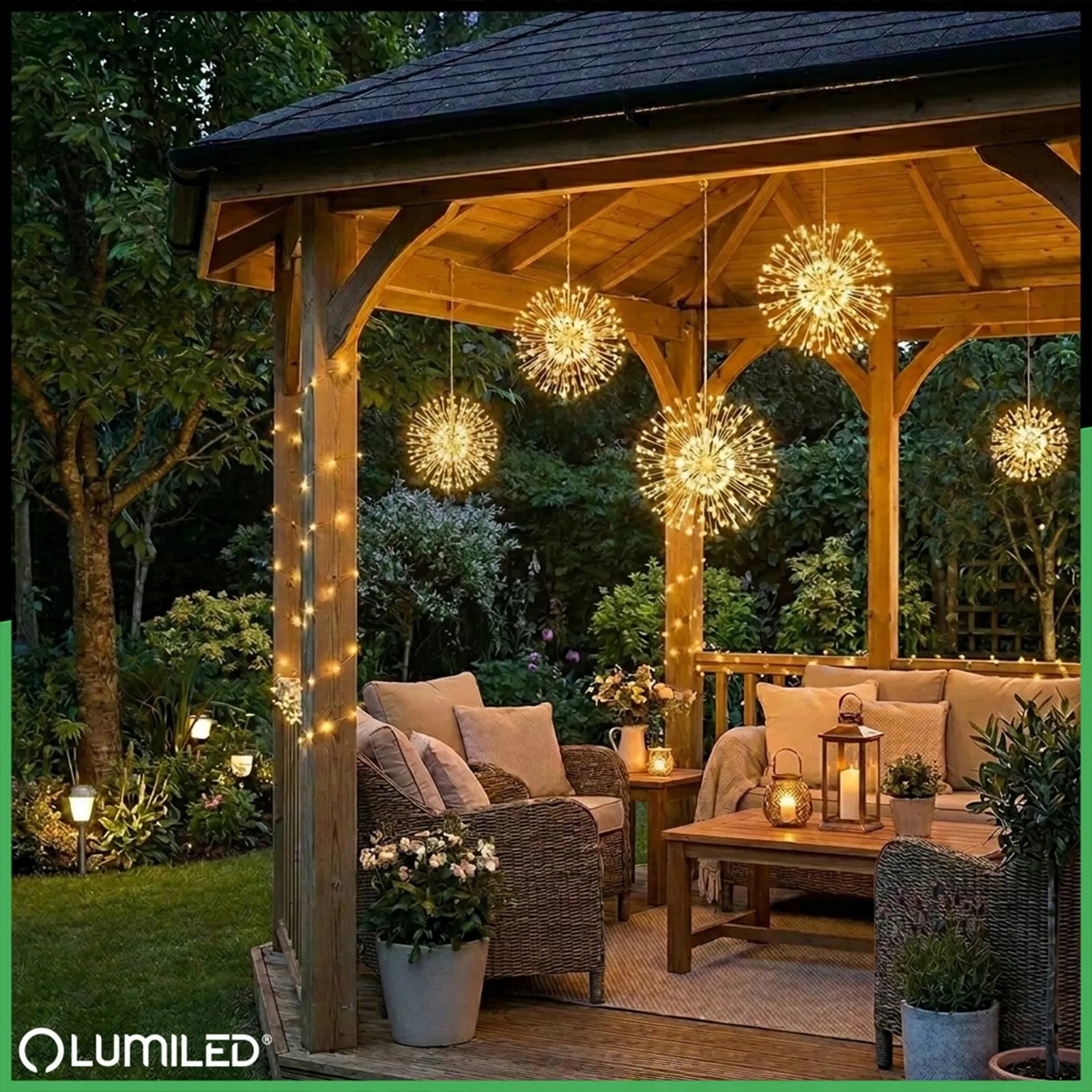 Saulės energija maitinama sodo girlianda 5x KIAULPIENĖ Fajerverkai terasai su jutikliu + PULTAS