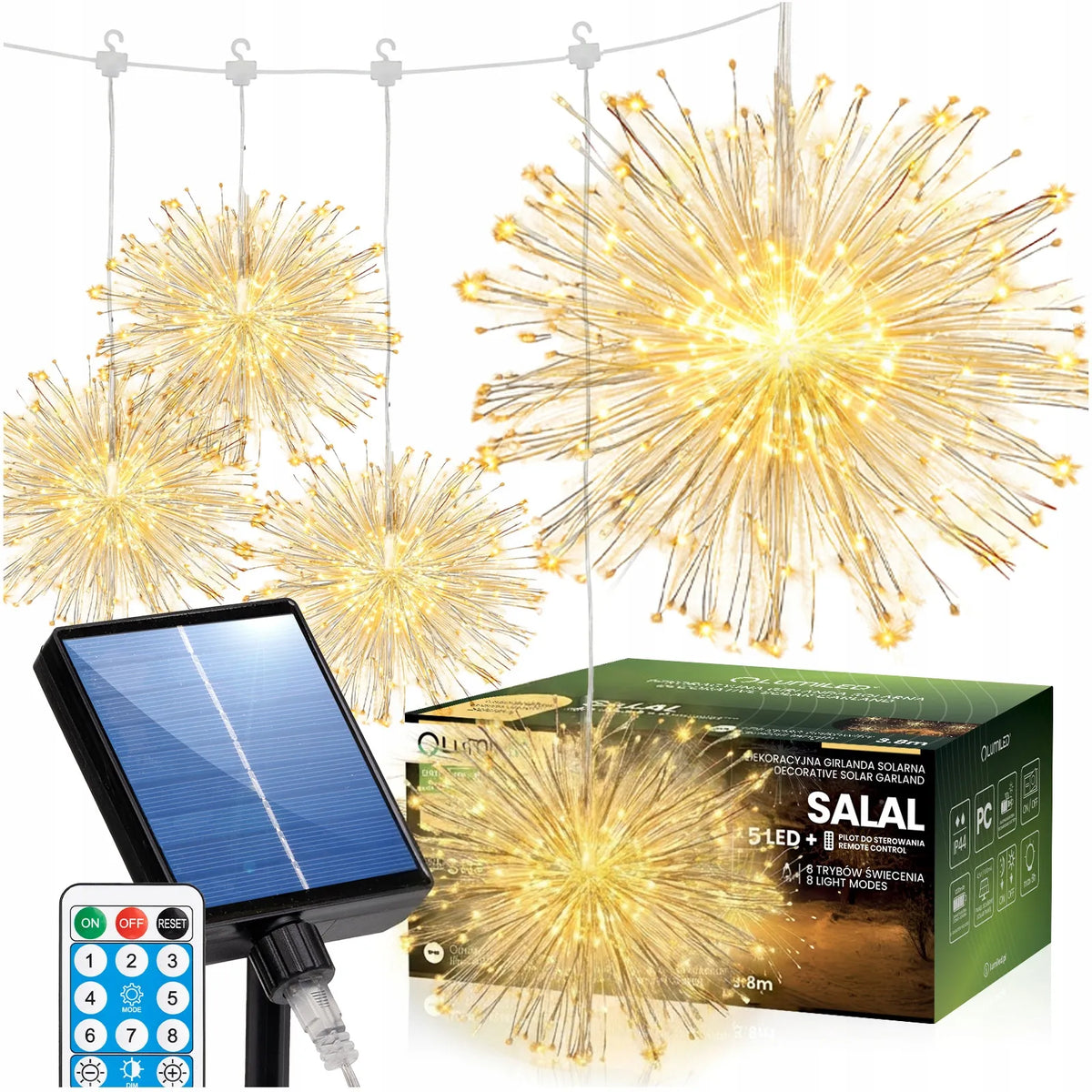 Saulės energija maitinama sodo girlianda 5x KIAULPIENĖ Fajerverkai terasai su jutikliu + PULTAS