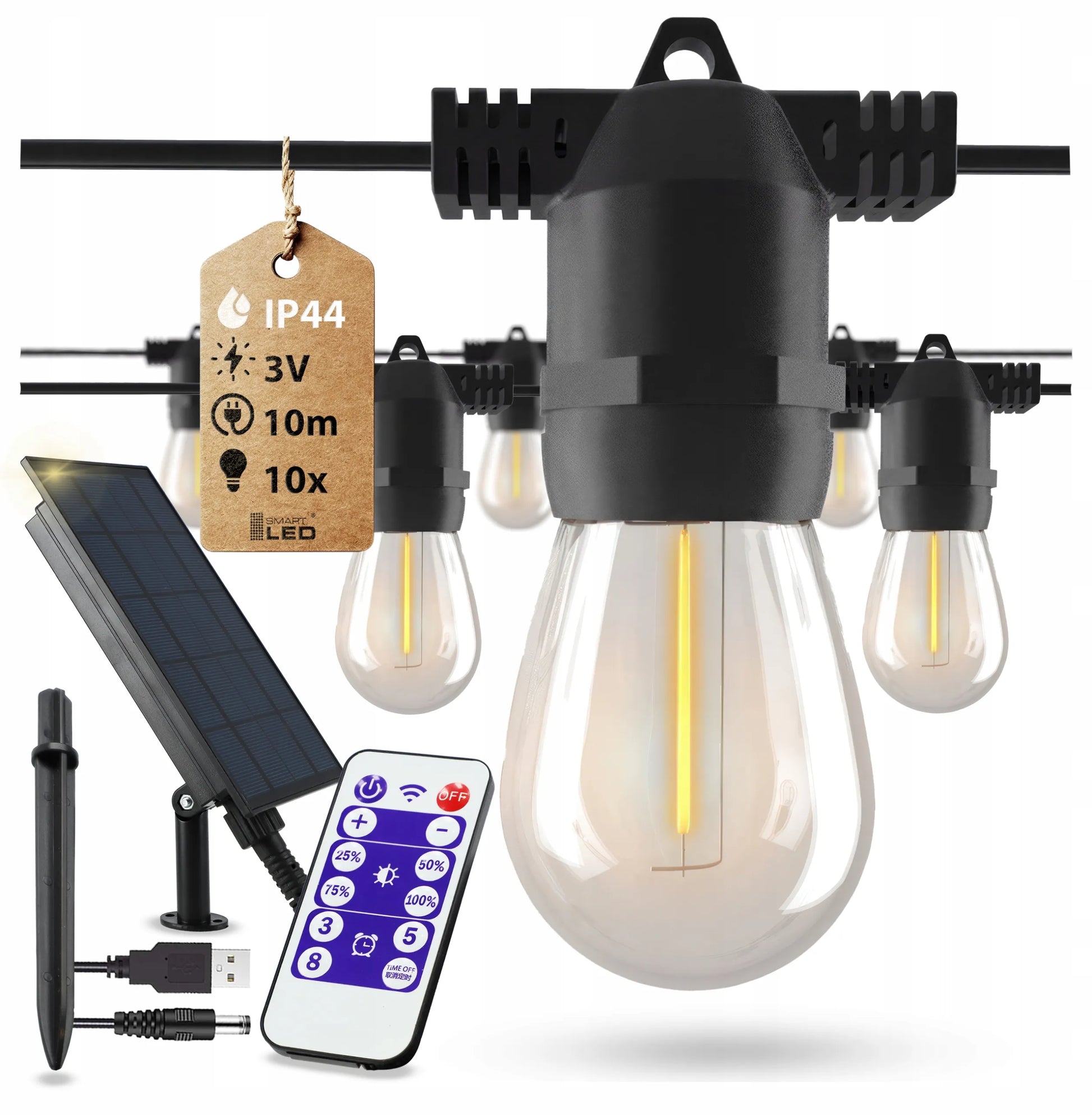 Saulės energija maitinama sodo girlianda Smartled, 10m, 10x LED E27 lemputės + pultelis