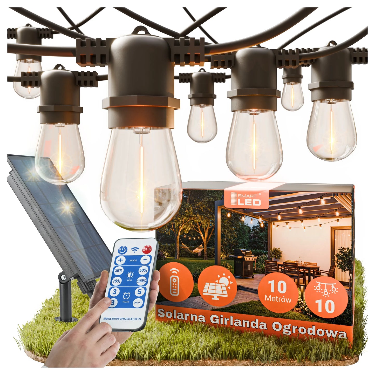 Saulės energija maitinama sodo girlianda Smartled, 10m, 10x LED E27 lemputės + pultelis