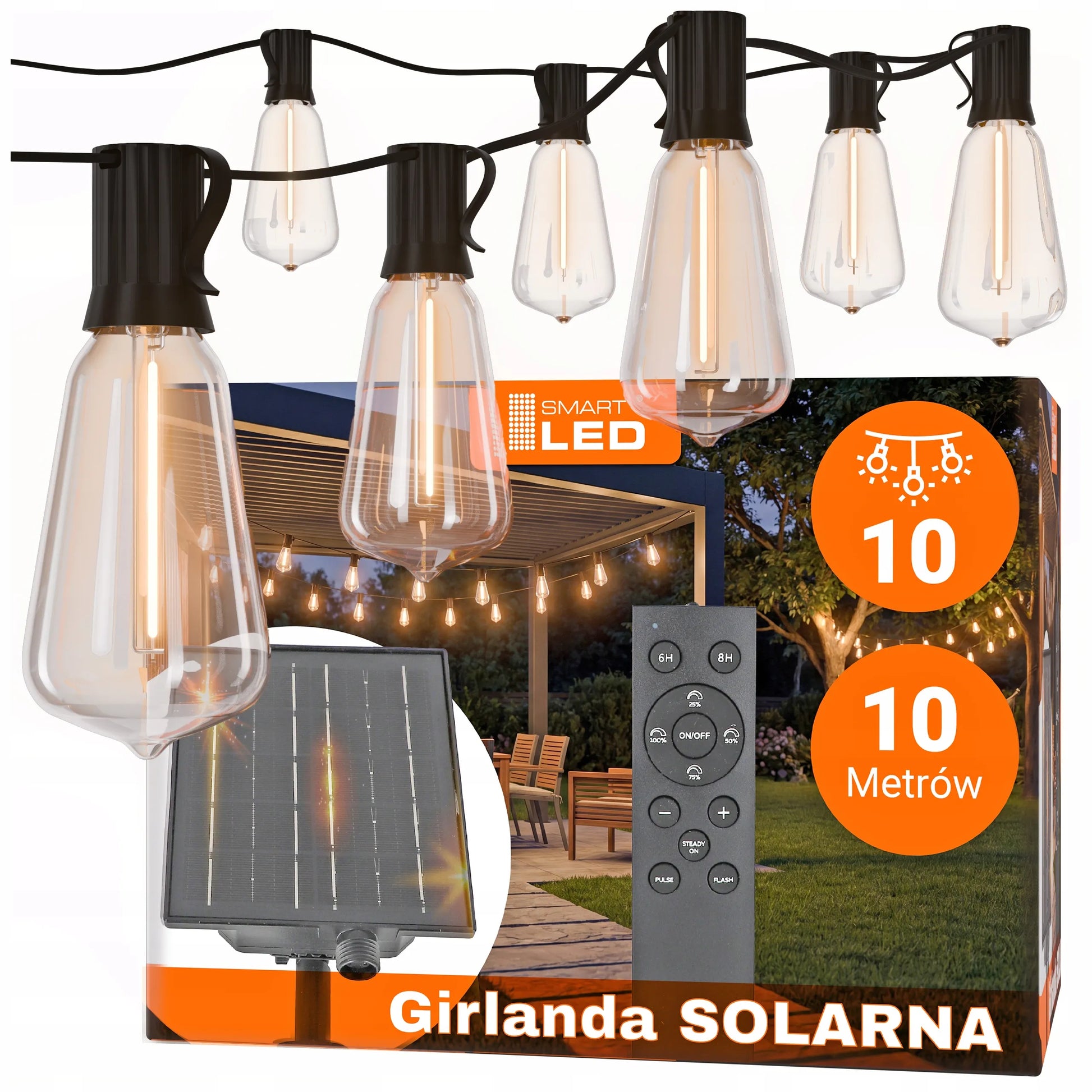 Saulės energija varoma sodo girlianda Smartled LED 10m 10x E12 lemputės + nuotolinio valdymo pultas