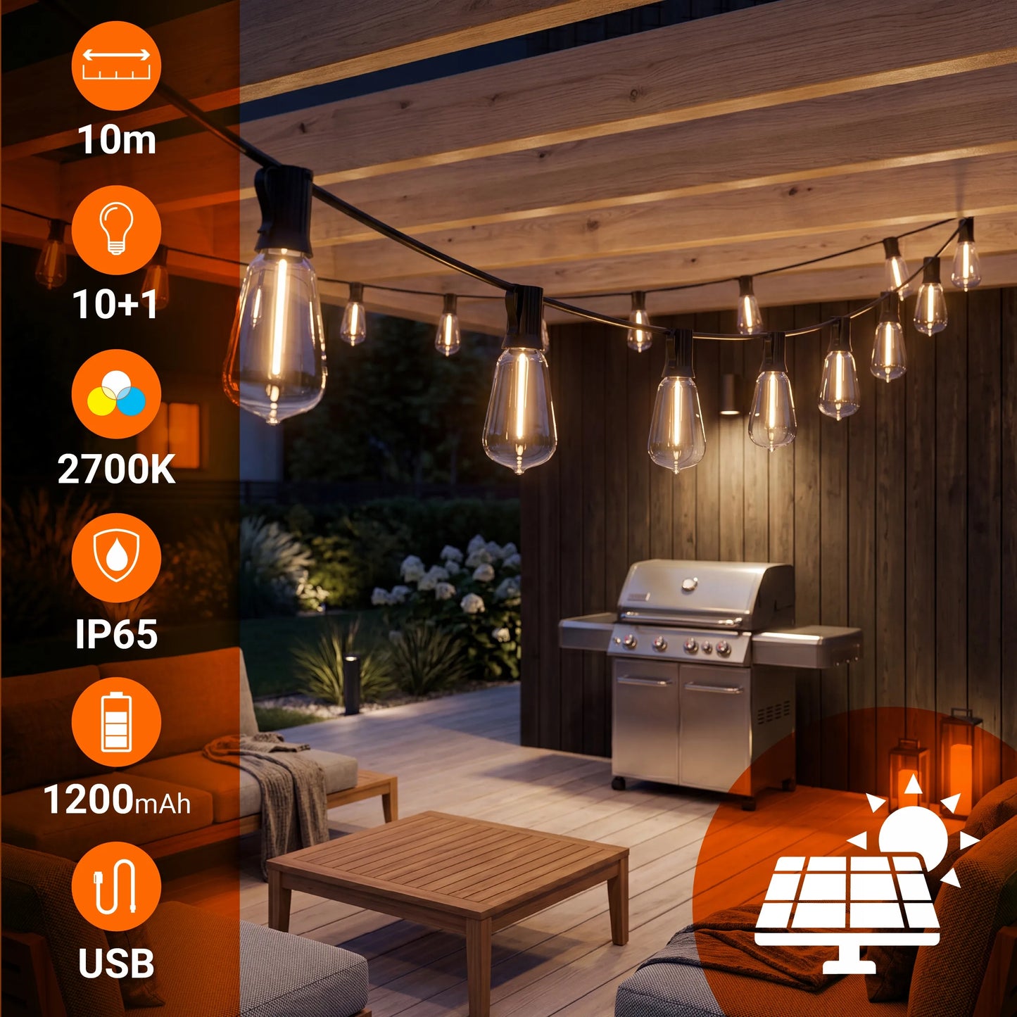 Saulės energija varoma sodo girlianda Smartled LED 10m 10x E12 lemputės + nuotolinio valdymo pultas