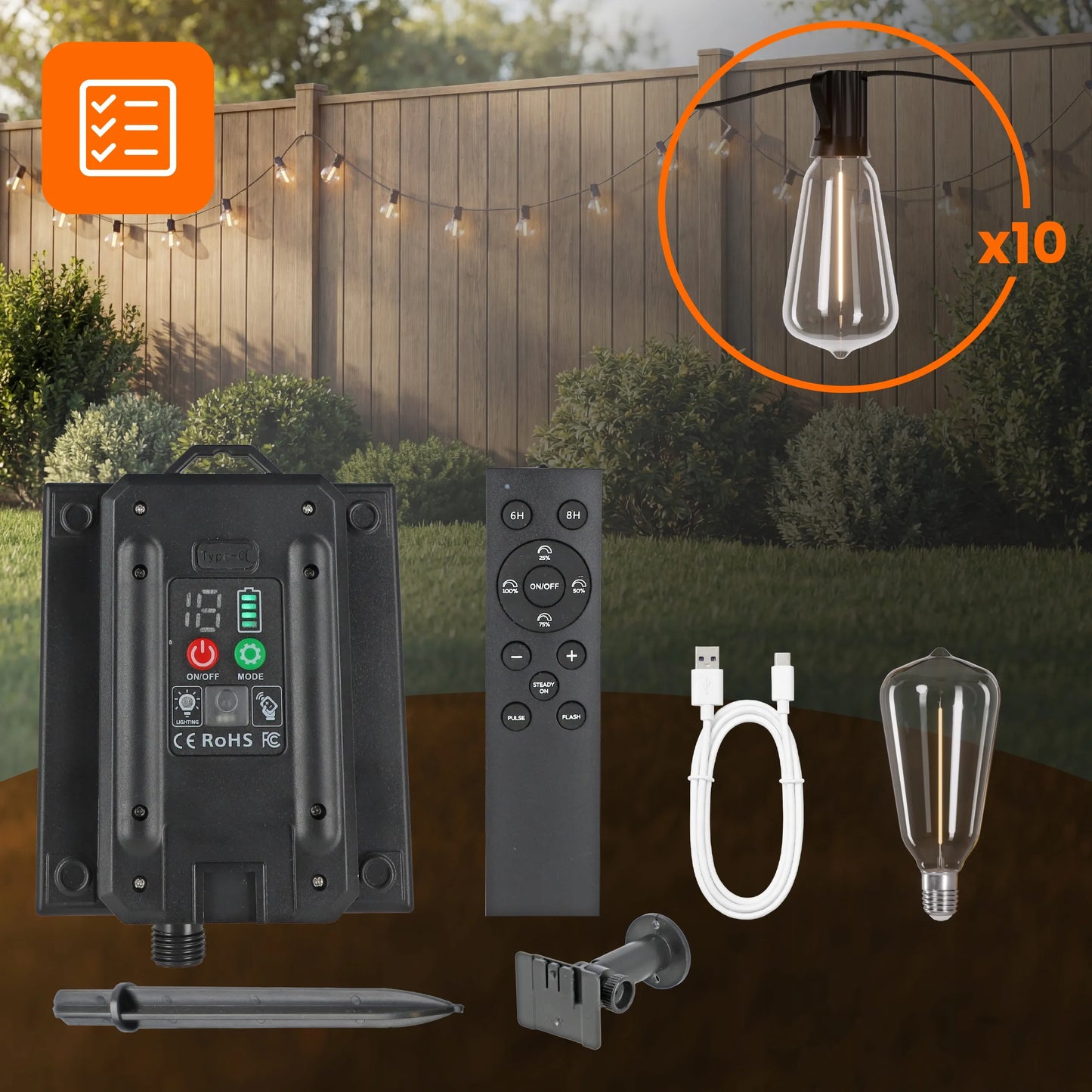 Saulės energija varoma sodo girlianda Smartled LED 10m 10x E12 lemputės + nuotolinio valdymo pultas