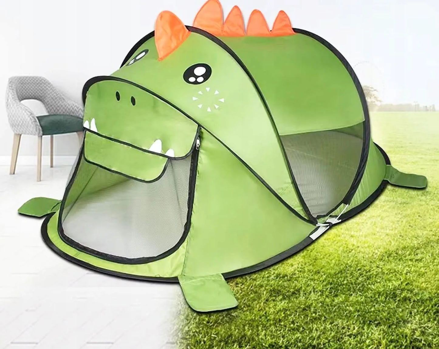 Savaime išsiskleidžianti vaikiška palapinė namelis namams ir sodui žalias dinozauras