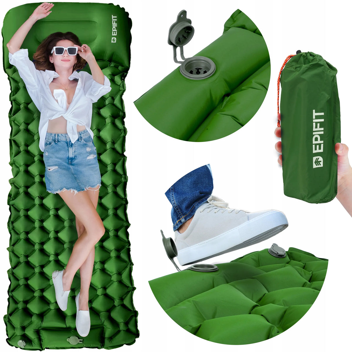 Savaime prisipučiantis turistinis čiužinys Epifit REST, su integruota pompa, 190 × 60 × 5 cm, žalias