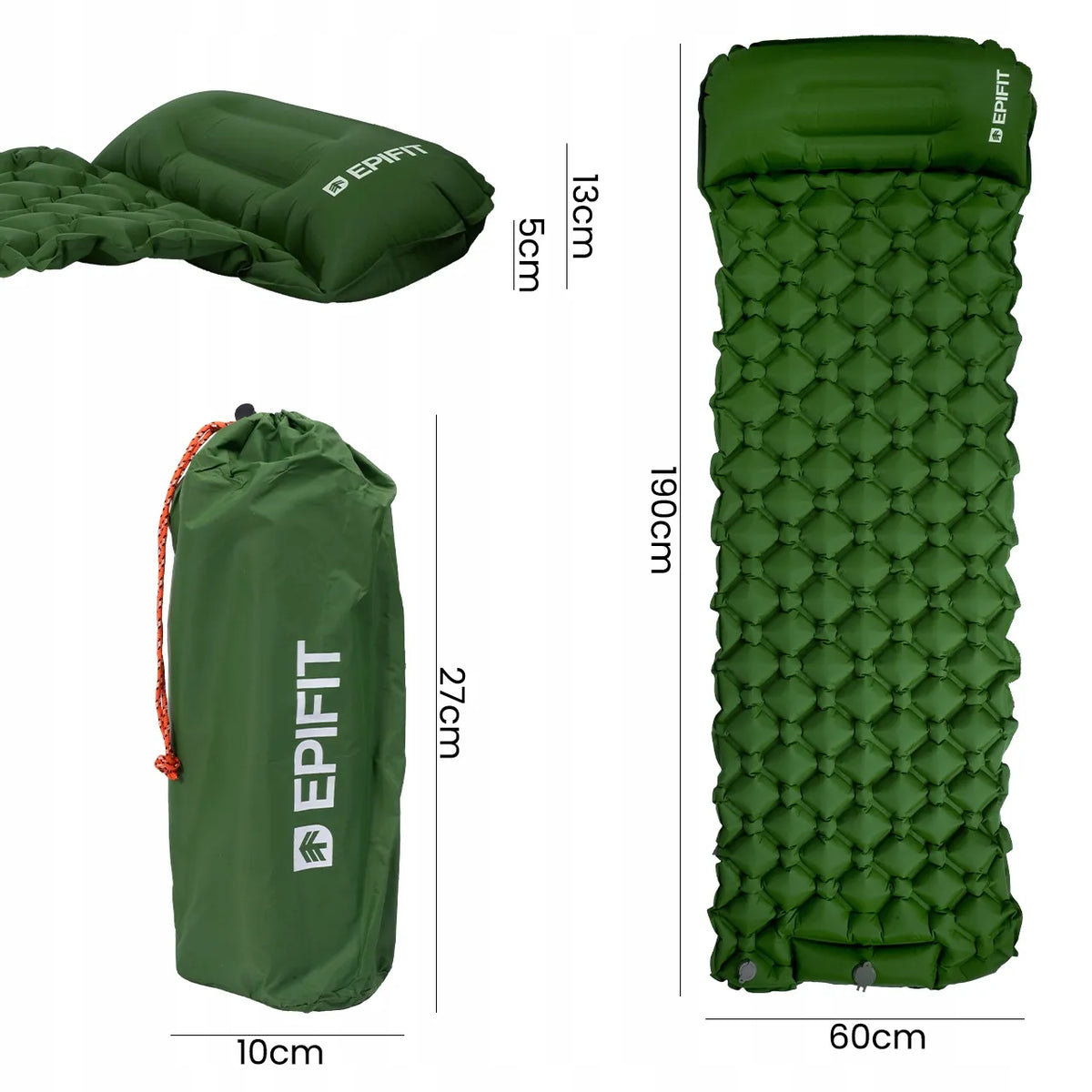 Savaime prisipučiantis turistinis čiužinys Epifit REST, su integruota pompa, 190 × 60 × 5 cm, žalias