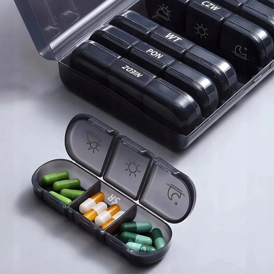 Savaitinė vaistų dėžutė Przydasie.pl 7 dienų tabletėms, juoda