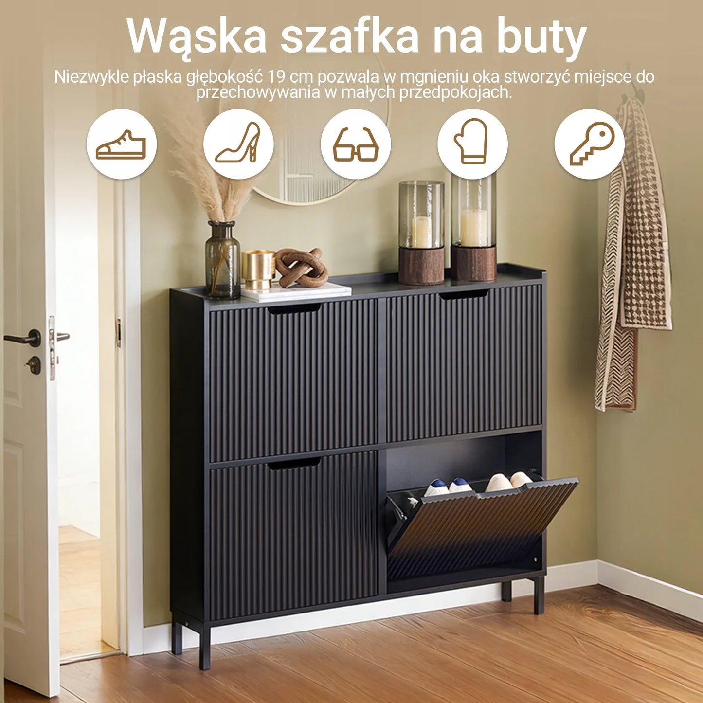 Siaura batų spintelė su atverčiamomis durelėmis, 4 skyriai, juoda, 100x19cm FSR177-L-SCH