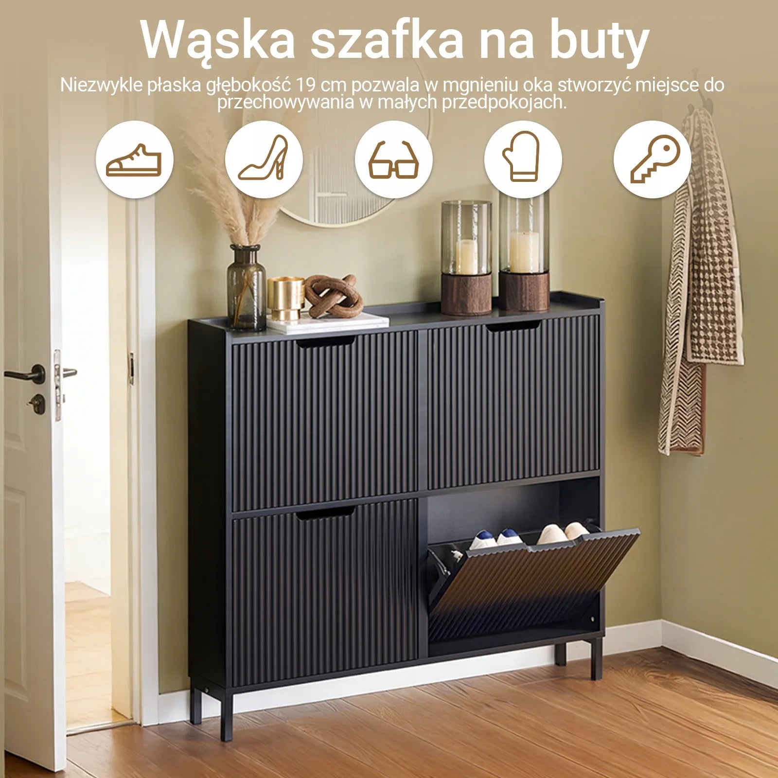 Siaura batų spintelė su atverčiamomis durelėmis, 4 skyriai, juoda, 100x19cm FSR177-L-SCH