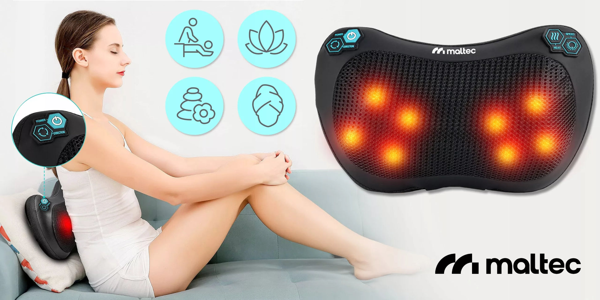 Šildanti Shiatsu masažo pagalvė nugarai, kaklui ir kojoms Maltec PRO-Comfy30W-01