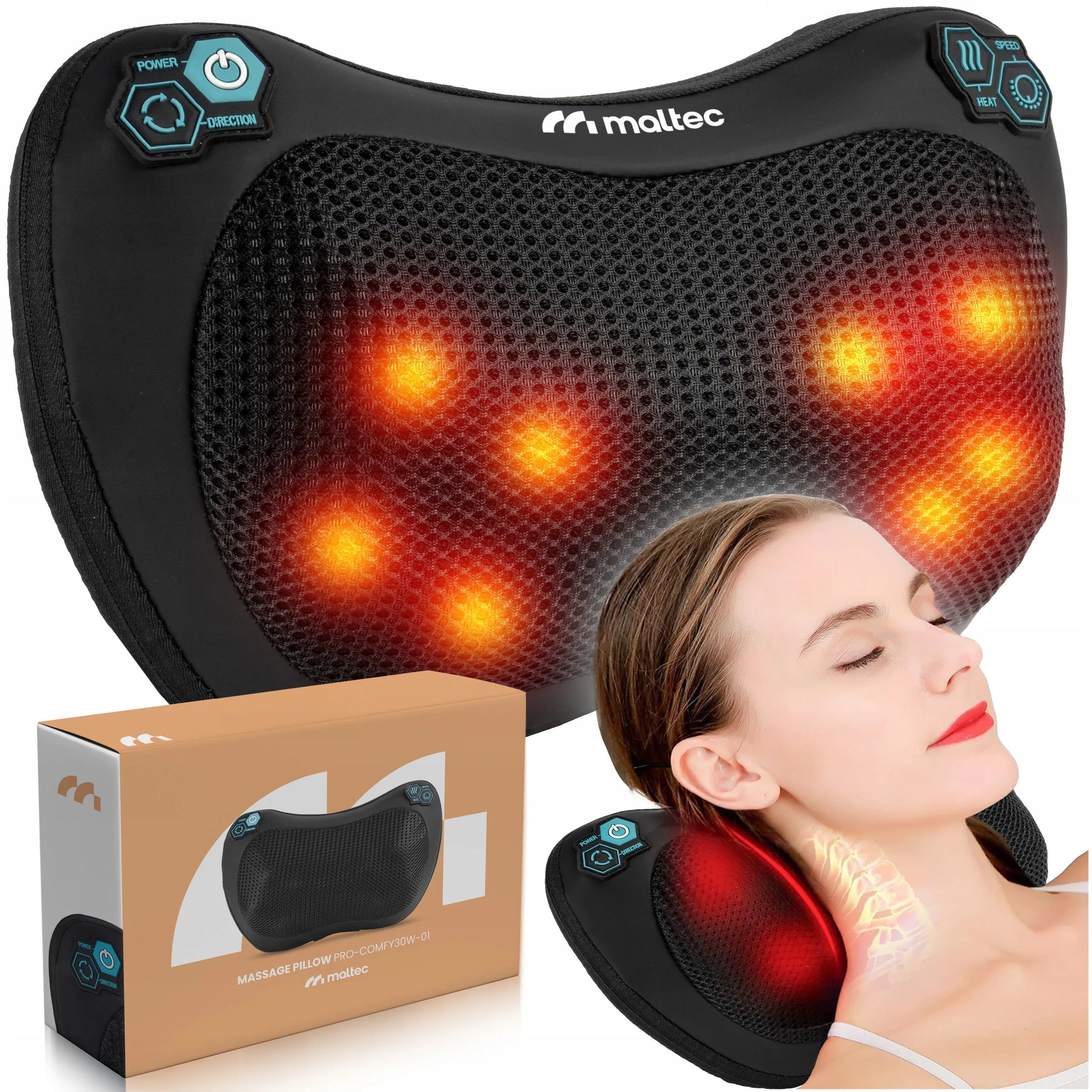 Šildanti Shiatsu masažo pagalvė nugarai, kaklui ir kojoms Maltec PRO-Comfy30W-01