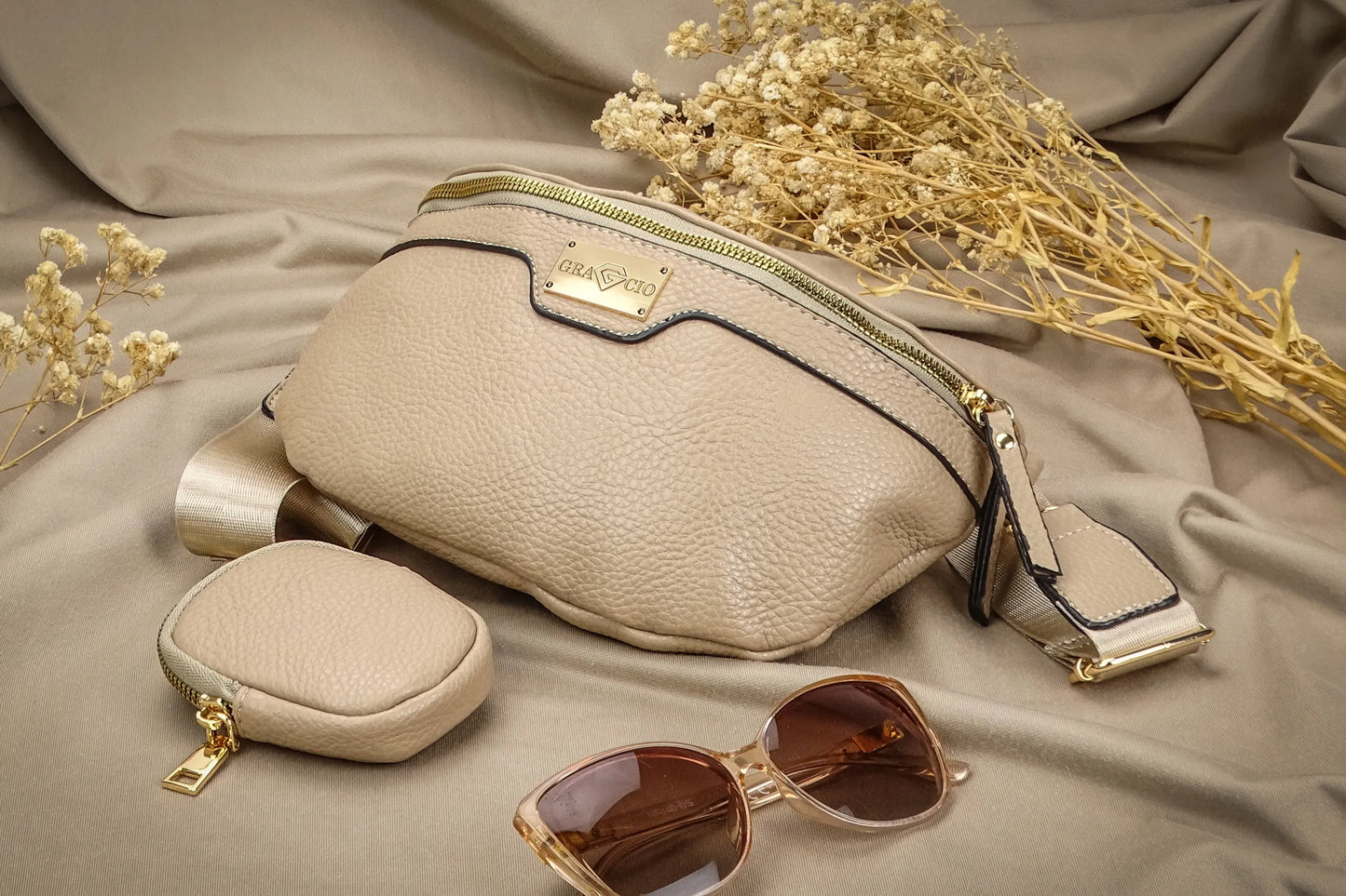 Smėlio spalvos Gracio diržinė rankinė, moteriškas crossbody krepšys su užtrauktuku