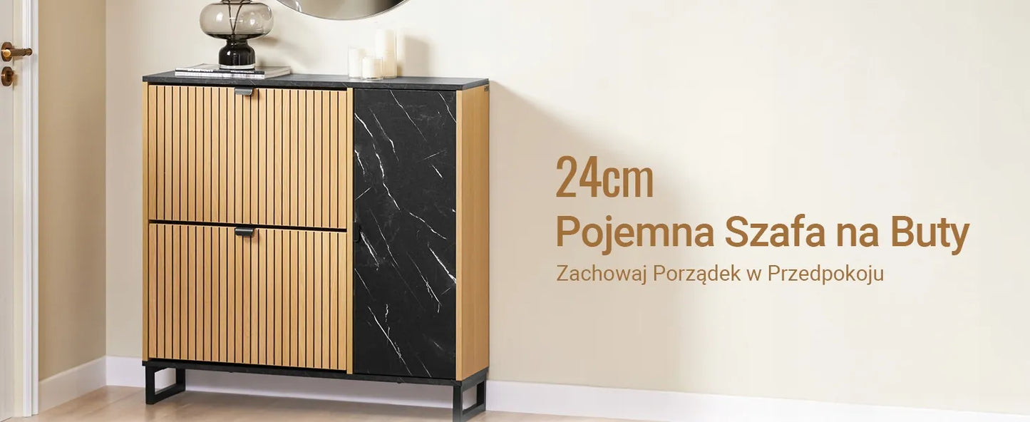 SoBuy batų spintelė su 2 durelėmis ir lentynomis, ąžuolo ir juodos spalvos, 90x24x88 cm, FSR203-N