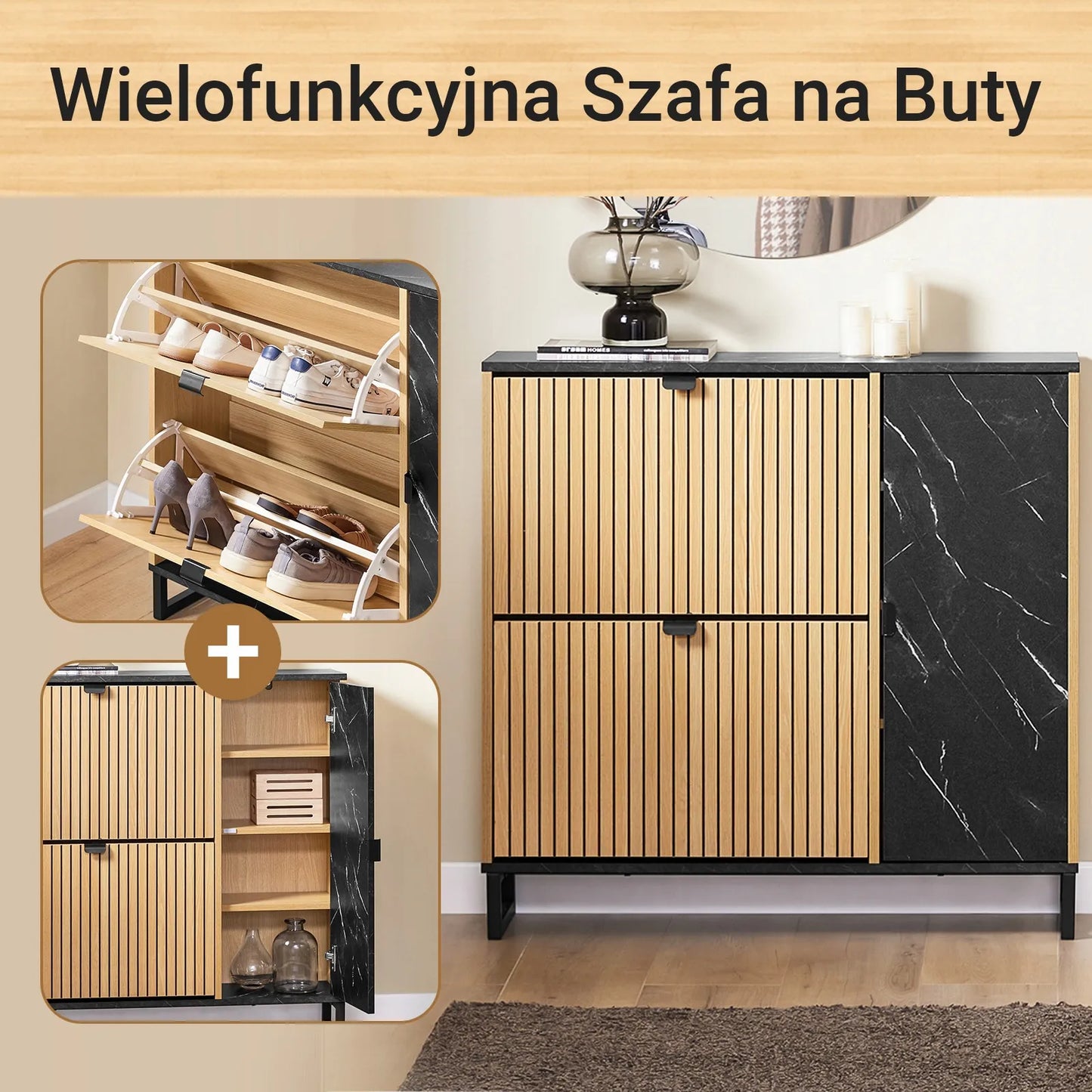 SoBuy batų spintelė su 2 durelėmis ir lentynomis, ąžuolo ir juodos spalvos, 90x24x88 cm, FSR203-N