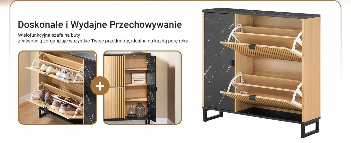 SoBuy batų spintelė su 2 durelėmis ir lentynomis, ąžuolo ir juodos spalvos, 90x24x88 cm, FSR203-N