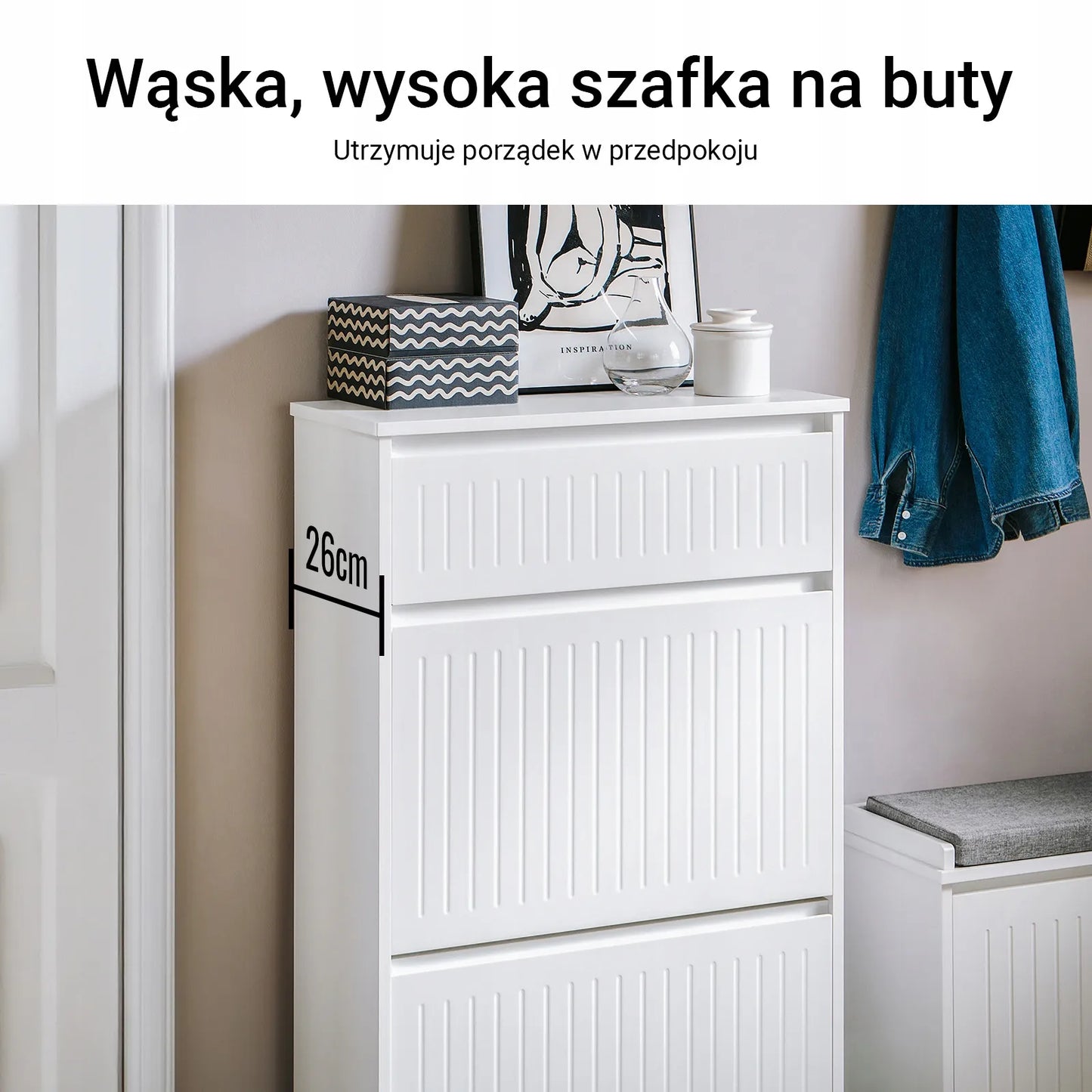 SoBuy batų spintelė su stalčiumi ir 2 atlenkiamomis durimis, prieškambario batų lentyna, 61x26 cm, FSR165-W