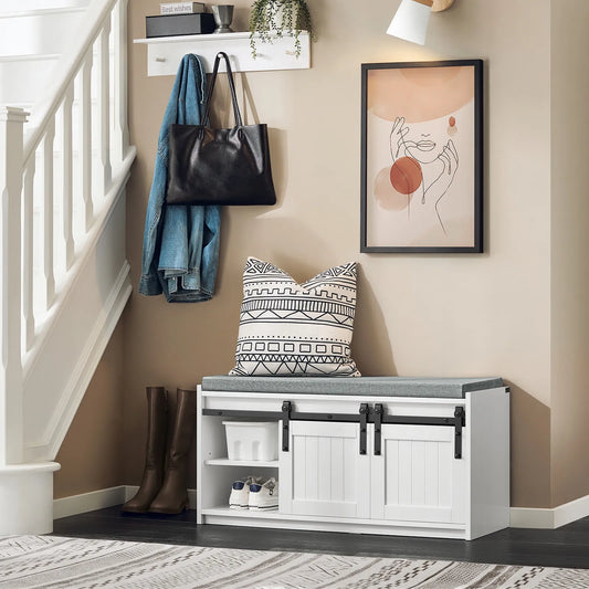 SoBuy batų spintelė-suoliukas su sėdimąja dalimi ir stumdomomis durimis 90cm FSR133-K-W