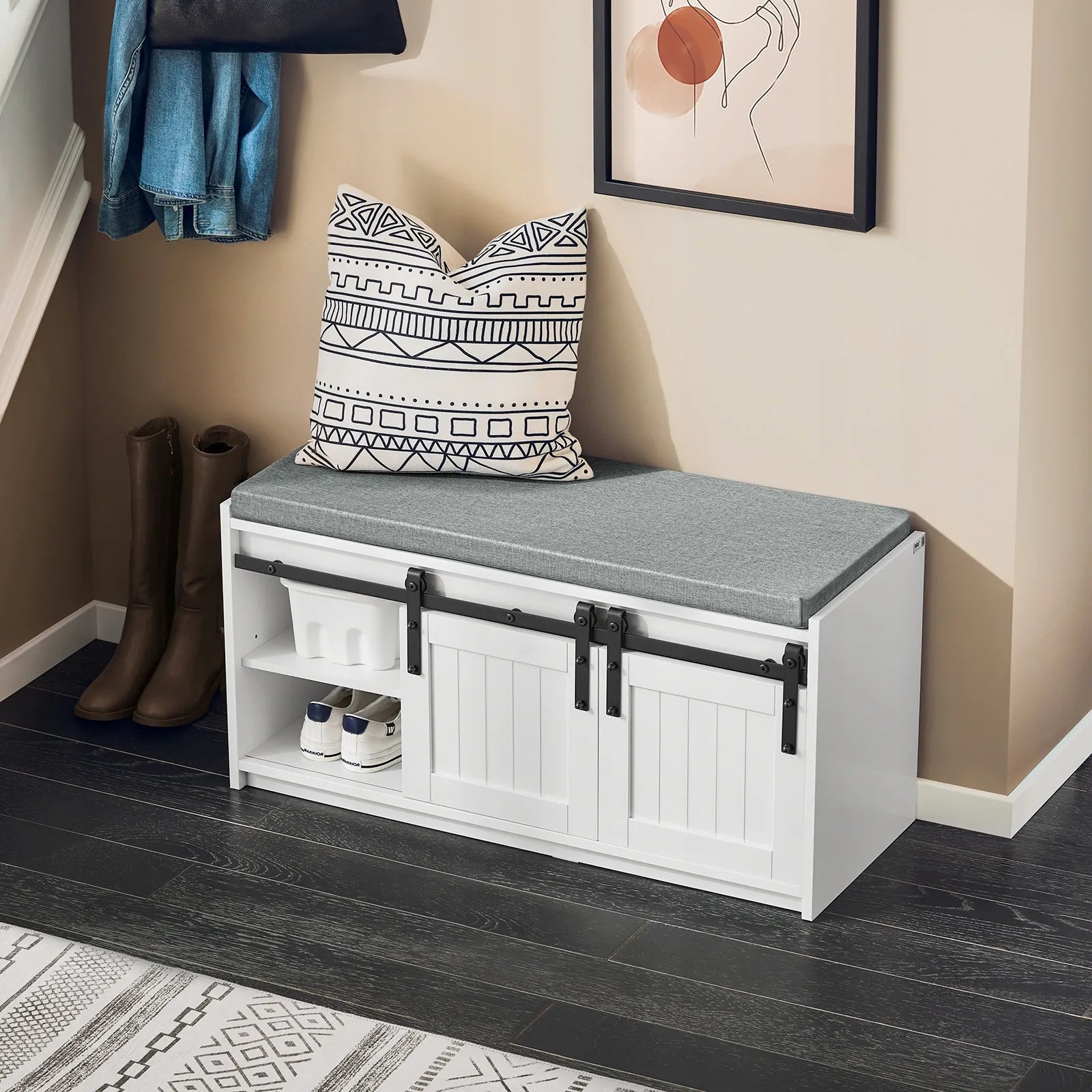 SoBuy batų spintelė-suoliukas su sėdimąja dalimi ir stumdomomis durimis 90cm FSR133-K-W