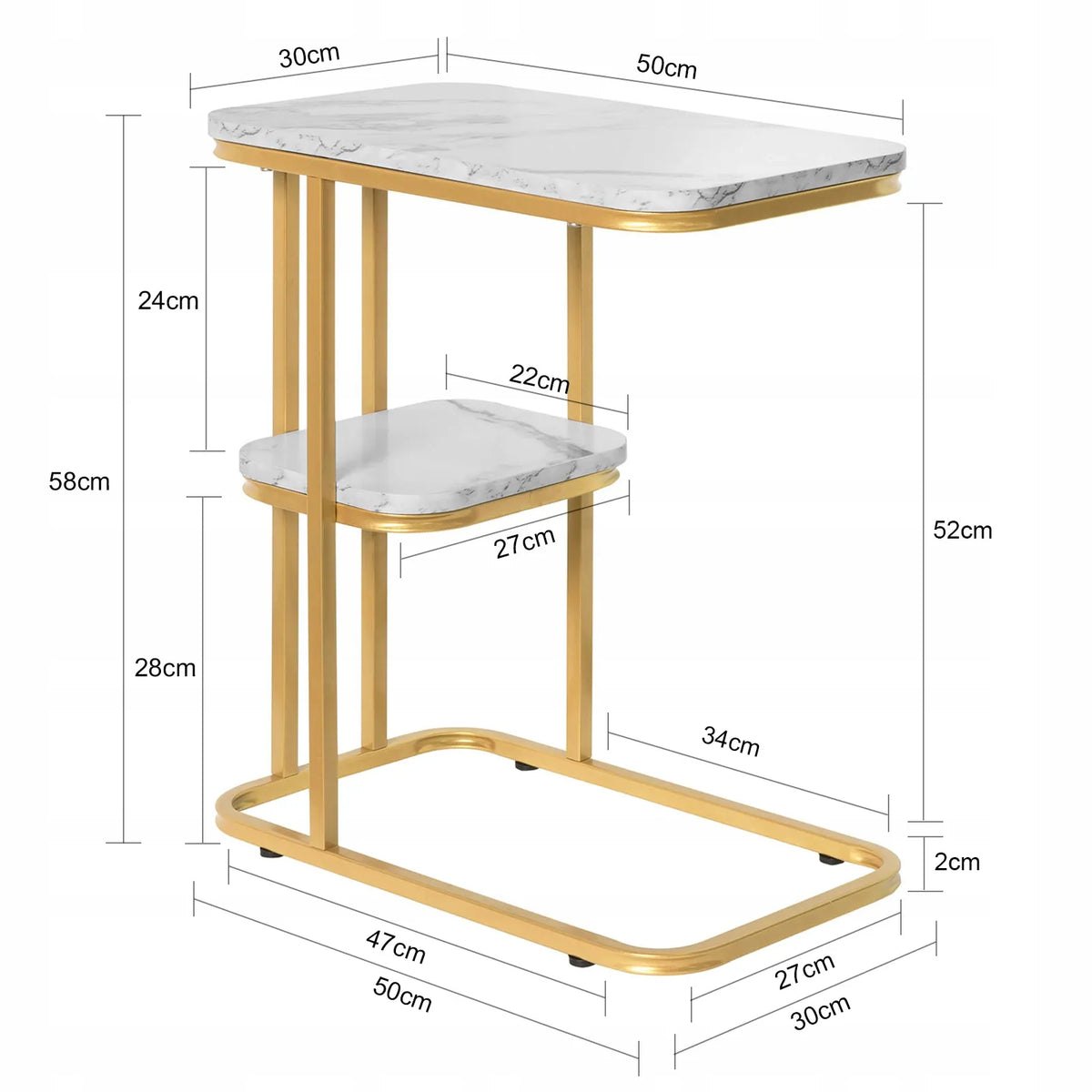 SoBuy FBT110-G auksinis šoninis staliukas su 2 lentynomis, 30 × 50 × 58 cm