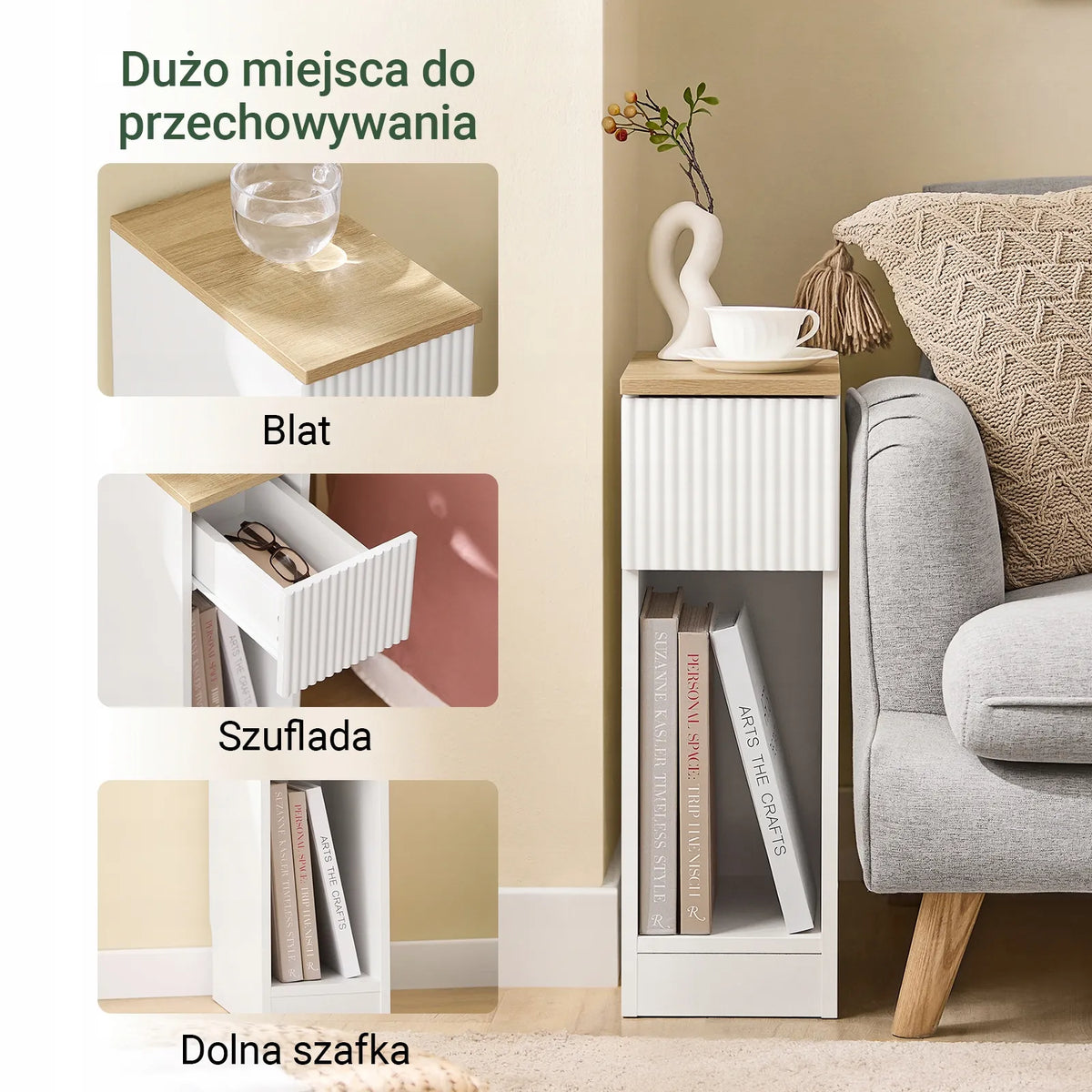 SoBuy FBT111-W balta naktinė spintelė su stalčiumi ir lentyna, 20 × 35 × 60 cm