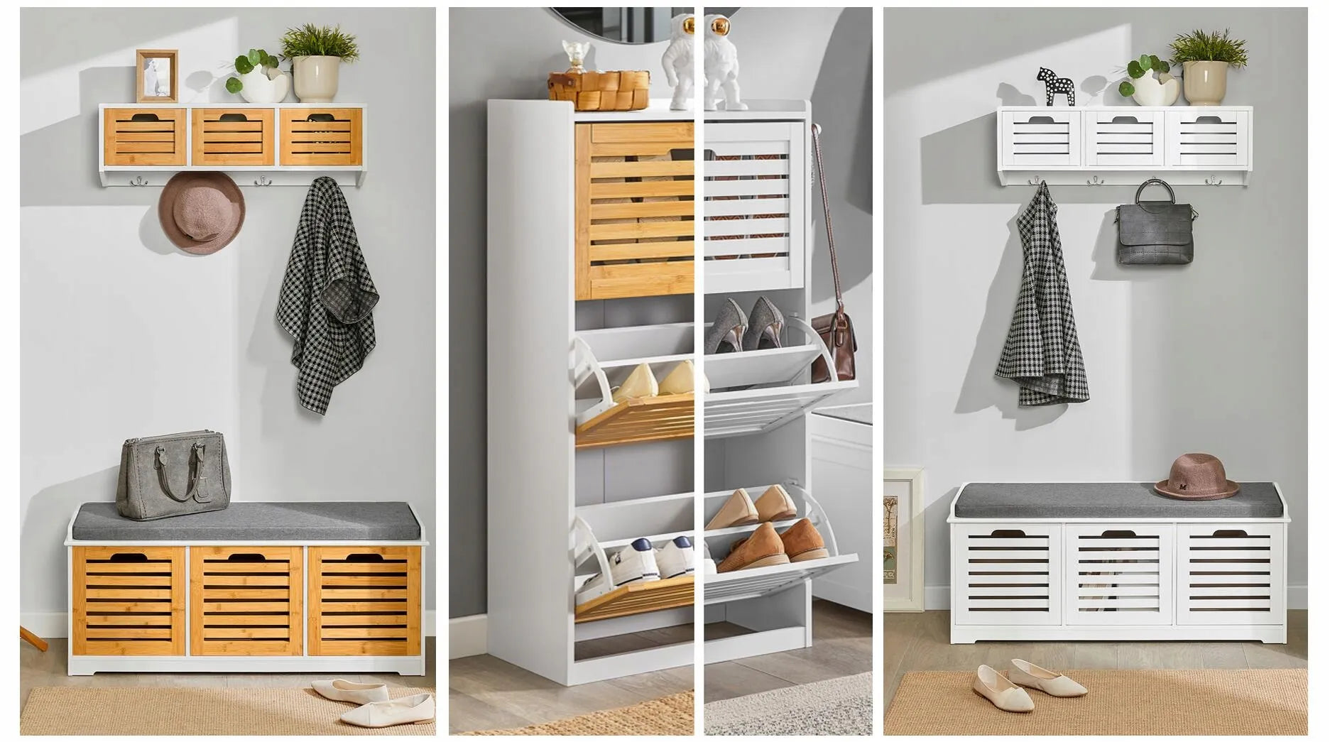 SoBuy FSR23-K-W apmuštas suoliukas su batų spintele ir lentynomis prieškambariui 71 cm