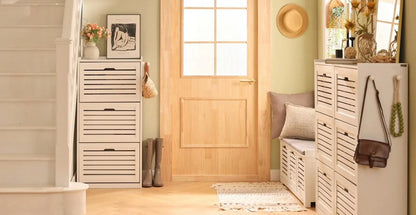 SoBuy FSR23-K-W apmuštas suoliukas su batų spintele ir lentynomis prieškambariui 71 cm