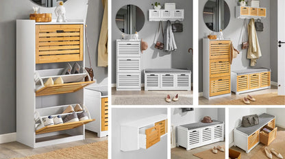 SoBuy FSR23-K-W apmuštas suoliukas su batų spintele ir lentynomis prieškambariui 71 cm