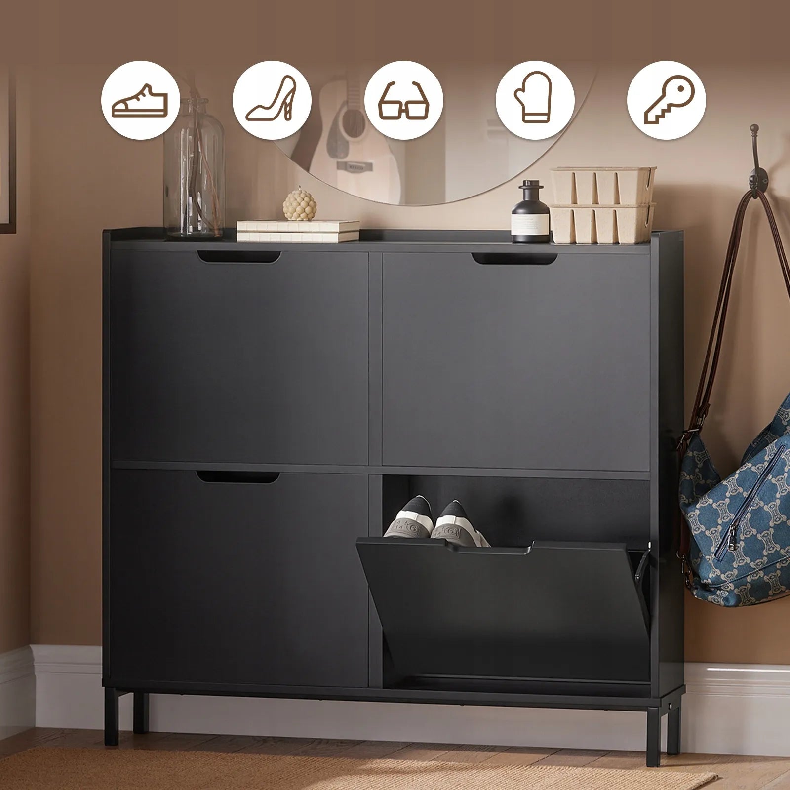 SoBuy juoda batų spintelė prieangiui su 4 durelėmis, 19 cm, FSR100-SCH