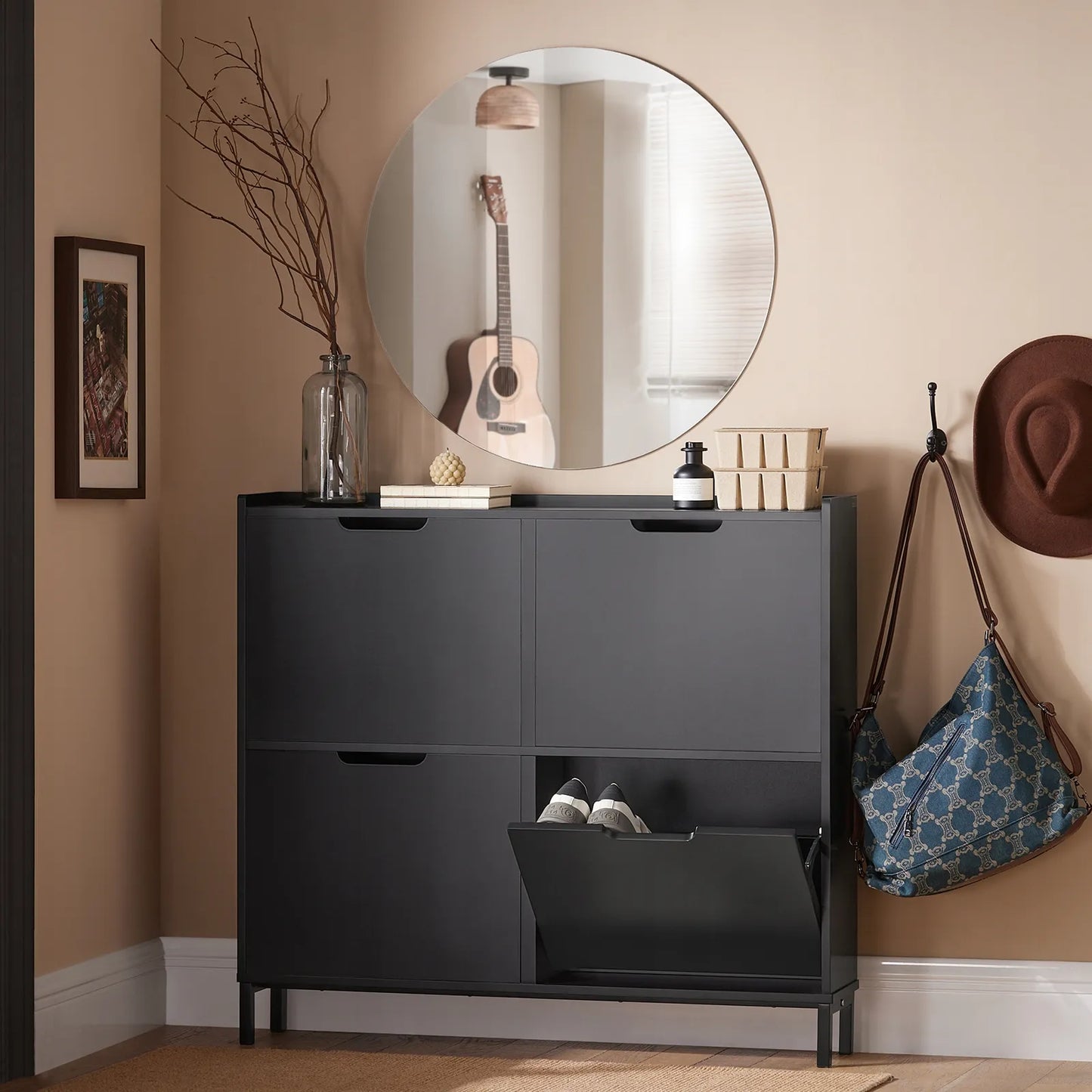 SoBuy juoda batų spintelė prieangiui su 4 durelėmis, 19 cm, FSR100-SCH