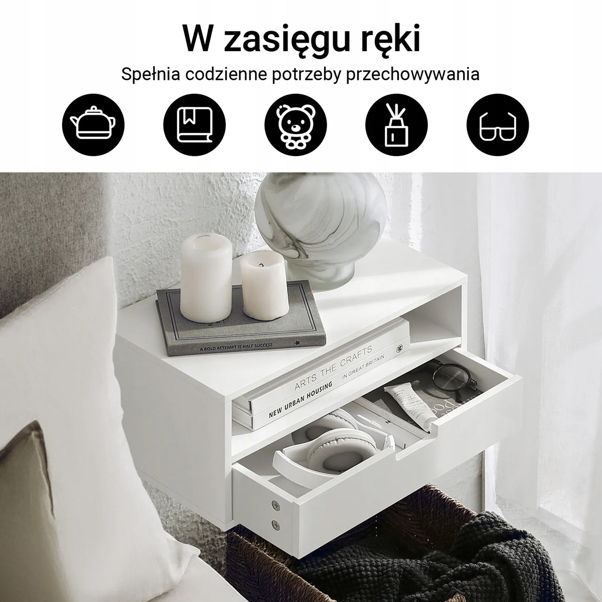 „SoBuy“ pakabinama naktinė spintelė su stalčiumi, balta, NKD03-Wx2