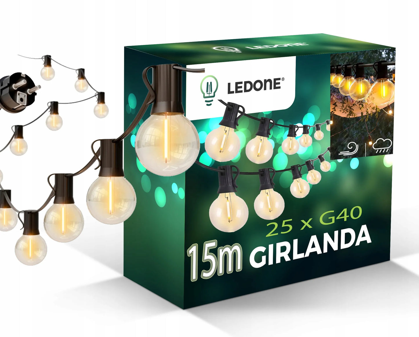 Sodo girlianda 15m LED šviesų grandinė IP65 25x 1W WW G40 230V