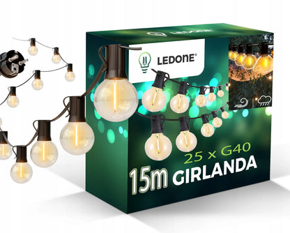 Sodo girlianda 15m LED šviesų grandinė IP65 25x 1W WW G40 230V
