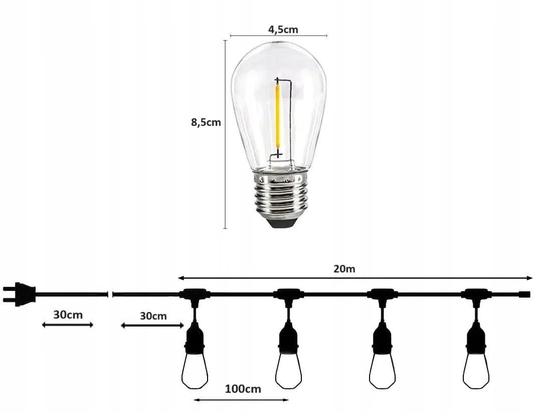 Sodo girlianda RGR 10m 10 LED E27 230V šilta šviesa, jungiama