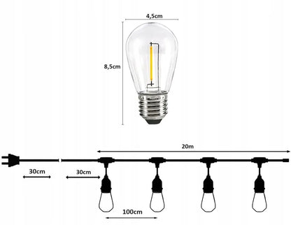 Sodo girlianda RGR 10m 10 LED E27 230V šilta šviesa, jungiama