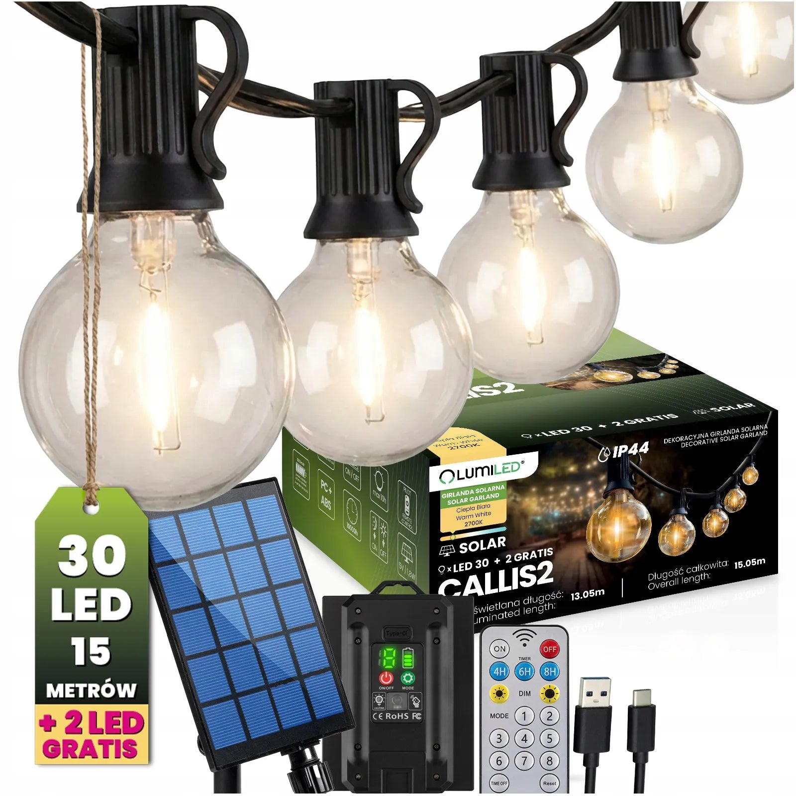 Sodo saulės girlianda Lumiled 30x LED dekoratyviniai rutuliukai 15m + pultelis