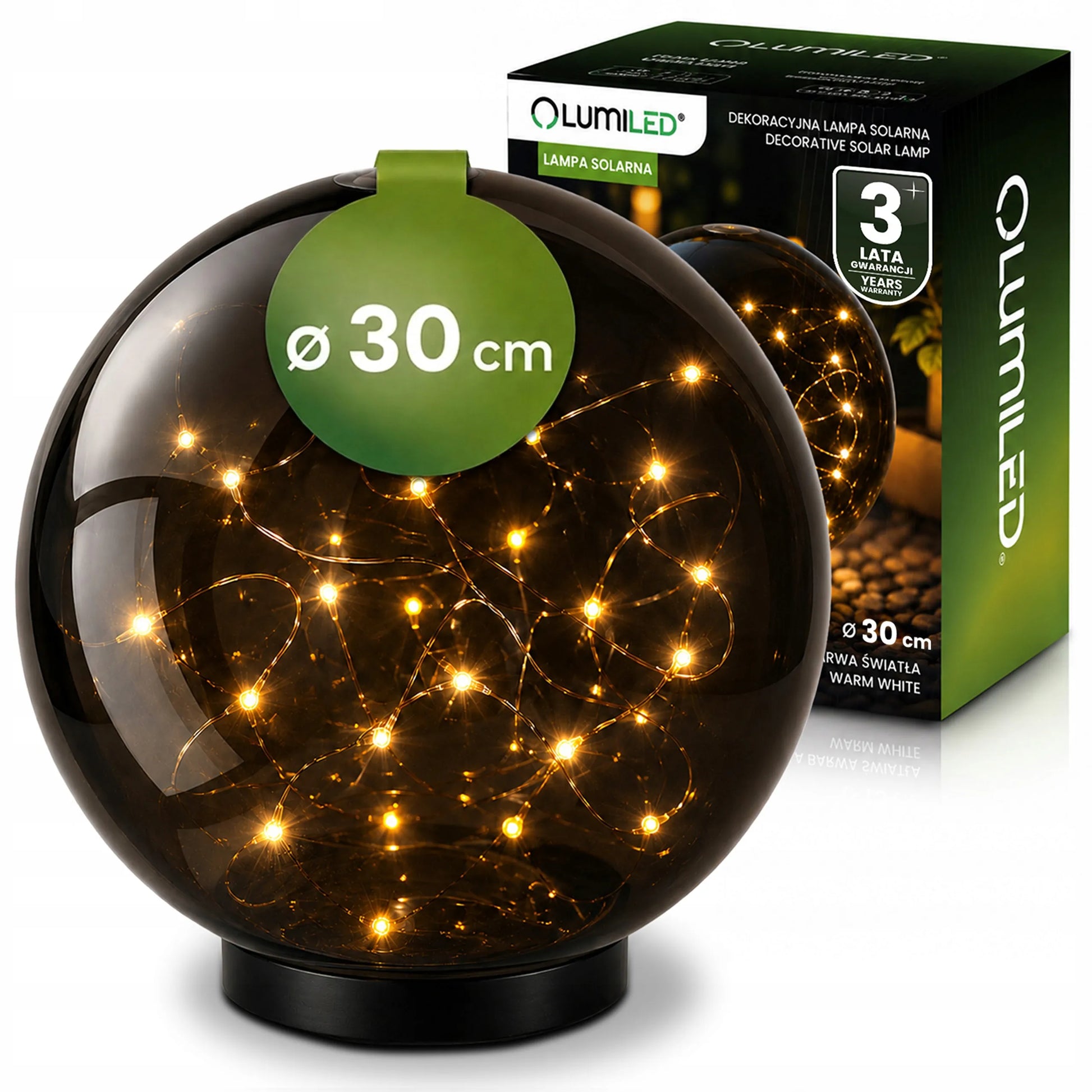Sodo saulės LED šviestuvas – dekoratyvinis dūminio stiklo rutulys, 30 cm