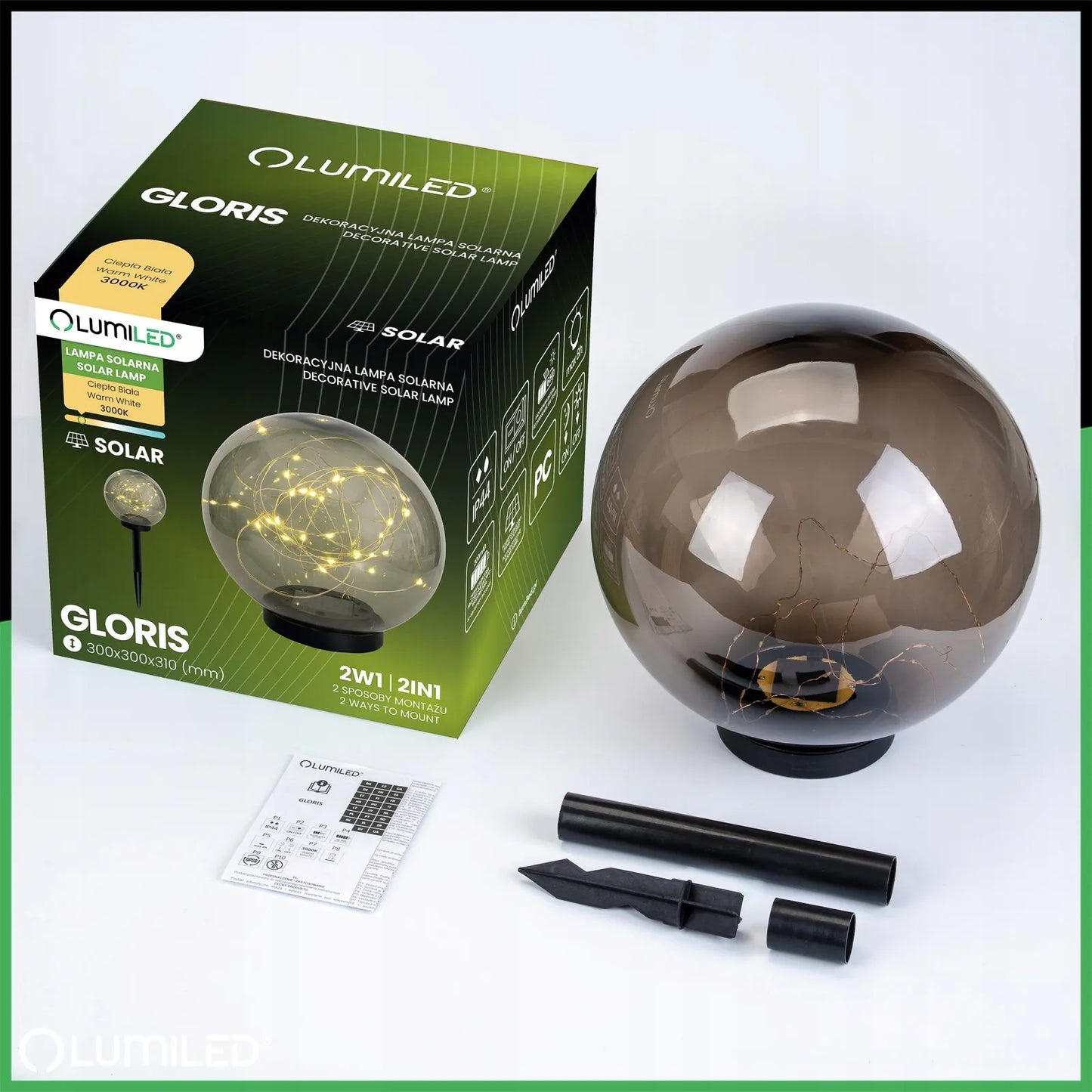 Sodo saulės LED šviestuvas – dekoratyvinis dūminio stiklo rutulys, 30 cm