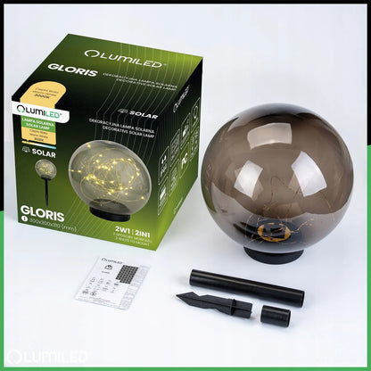Sodo saulės LED šviestuvas – dekoratyvinis dūminio stiklo rutulys, 30 cm