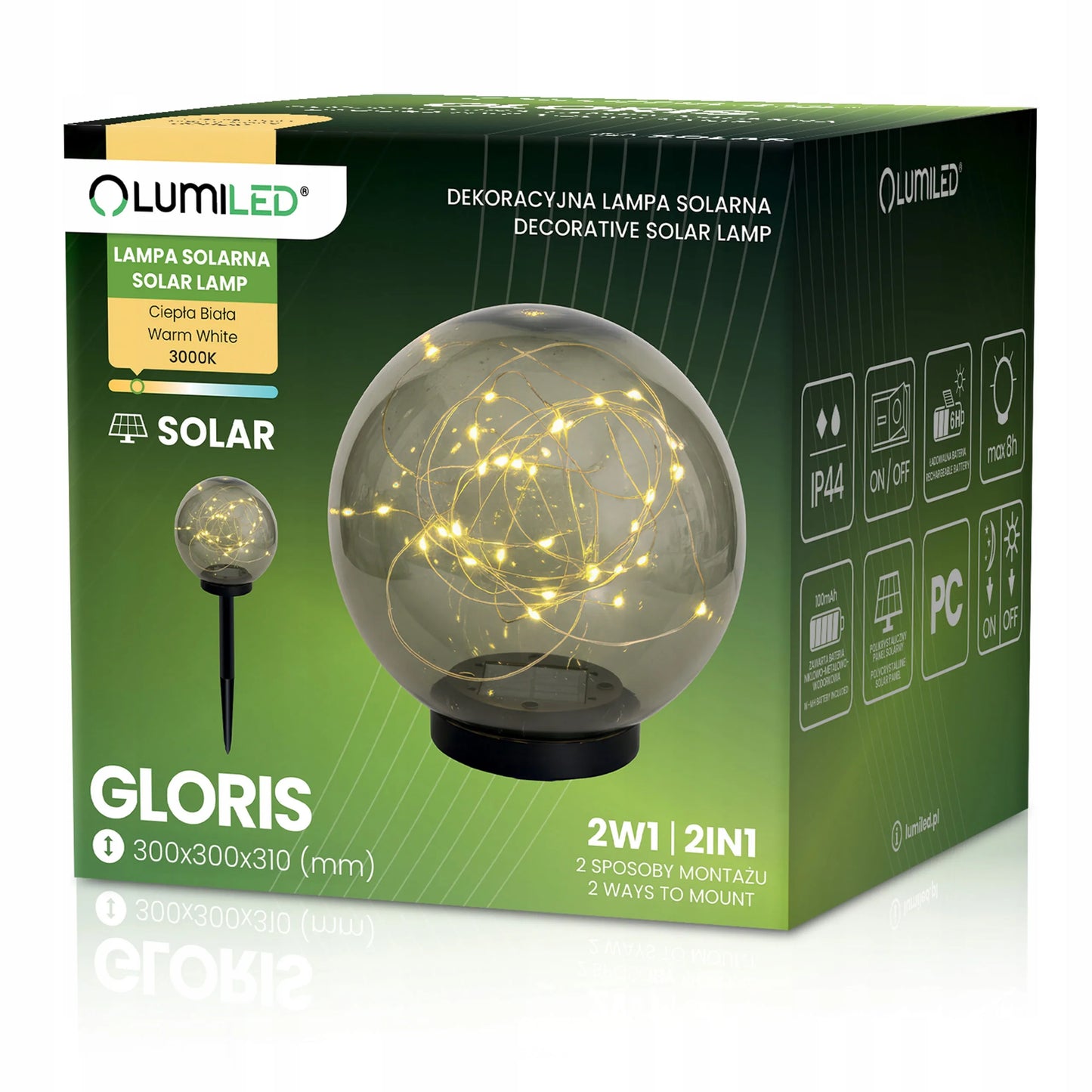 Sodo saulės LED šviestuvas – dekoratyvinis dūminio stiklo rutulys, 30 cm