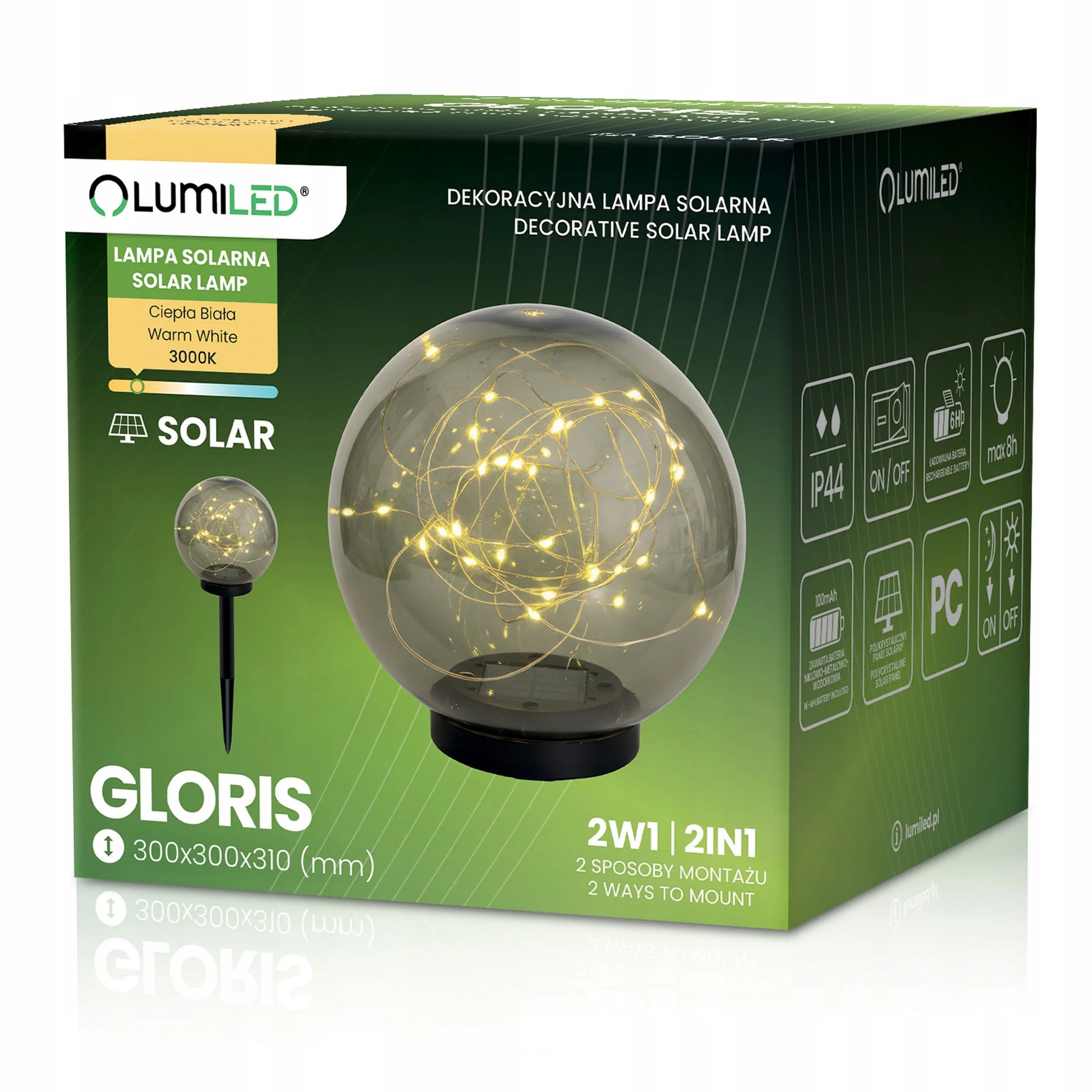 Sodo saulės LED šviestuvas – dekoratyvinis dūminio stiklo rutulys, 30 cm